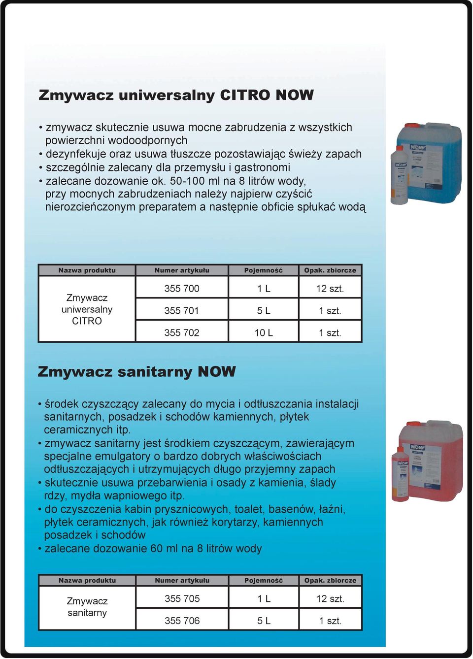 50-100 ml na 8 litrów wody, przy mocnych zabrudzeniach należy najpierw czyścić nierozcieńczonym preparatem a następnie obficie spłukać wodą Zmywacz uniwersalny CITRO 355 700 1 L 12 szt.