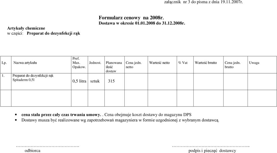 Preparat do dezynfekcji rąk Spitaderm 0,5l 0,5 litra sztuk 315 Cena jedn. Wartość % Vat Wartość Cena jedn.