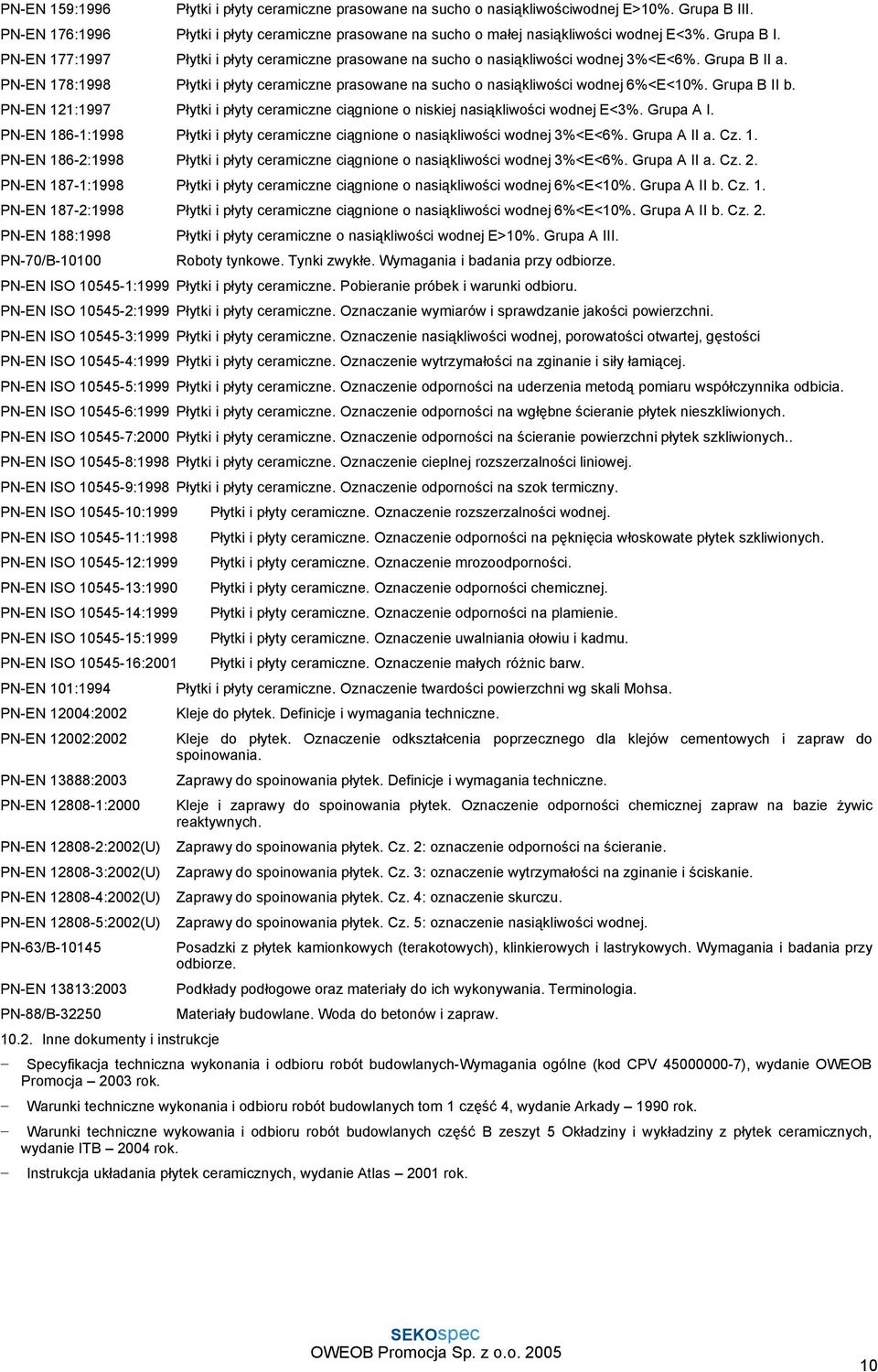 PN-EN 178:1998 Płytki i płyty ceramiczne prasowane na sucho o nasiąkliwości wodnej 6%<E<10%. Grupa B II b. PN-EN 121:1997 Płytki i płyty ceramiczne ciągnione o niskiej nasiąkliwości wodnej E<3%.