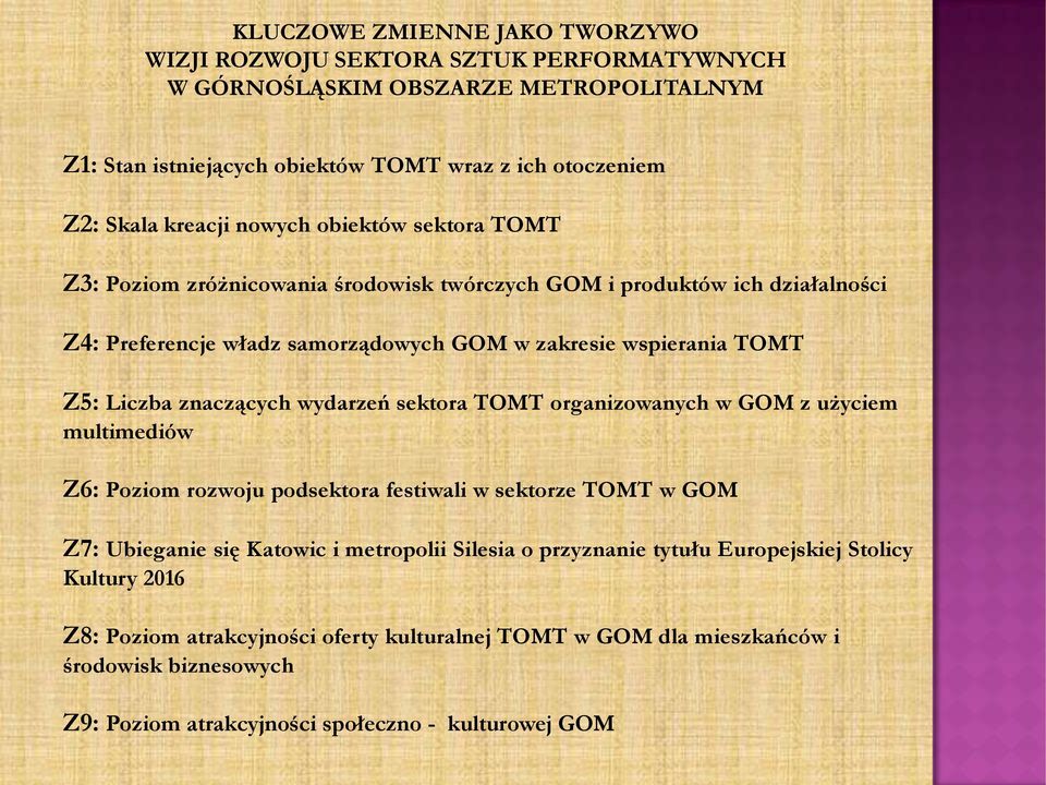 znaczących wydarzeń sektora TOMT organizowanych w GOM z użyciem multimediów Z6: Poziom rozwoju podsektora festiwali w sektorze TOMT w GOM Z7: Ubieganie się Katowic i metropolii Silesia o