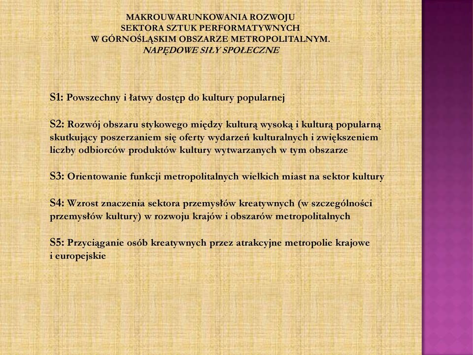 poszerzaniem się oferty wydarzeń kulturalnych i zwiększeniem liczby odbiorców produktów kultury wytwarzanych w tym obszarze S3: Orientowanie funkcji metropolitalnych