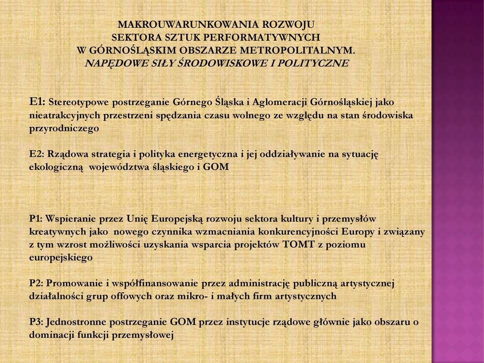 przyrodniczego E2: Rządowa strategia i polityka energetyczna i jej oddziaływanie na sytuację ekologiczną województwa śląskiego i GOM P1: Wspieranie przez Unię Europejską rozwoju sektora kultury i