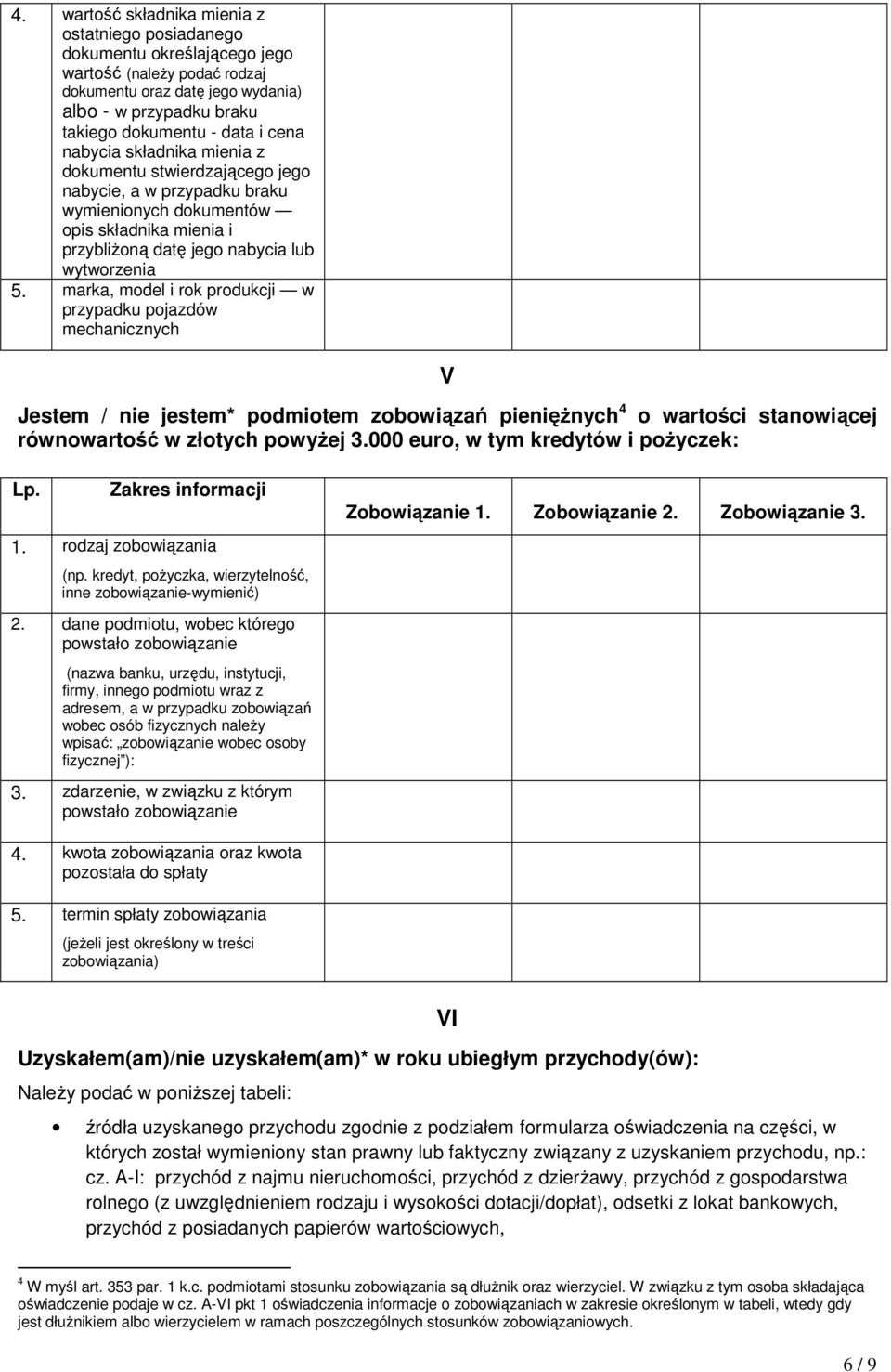 marka, model i rok produkcji w przypadku pojazdów mechanicznych V Jestem / nie jestem* podmiotem zobowiązań pieniężnych 4 o wartości stanowiącej równowartość w złotych powyżej 3.