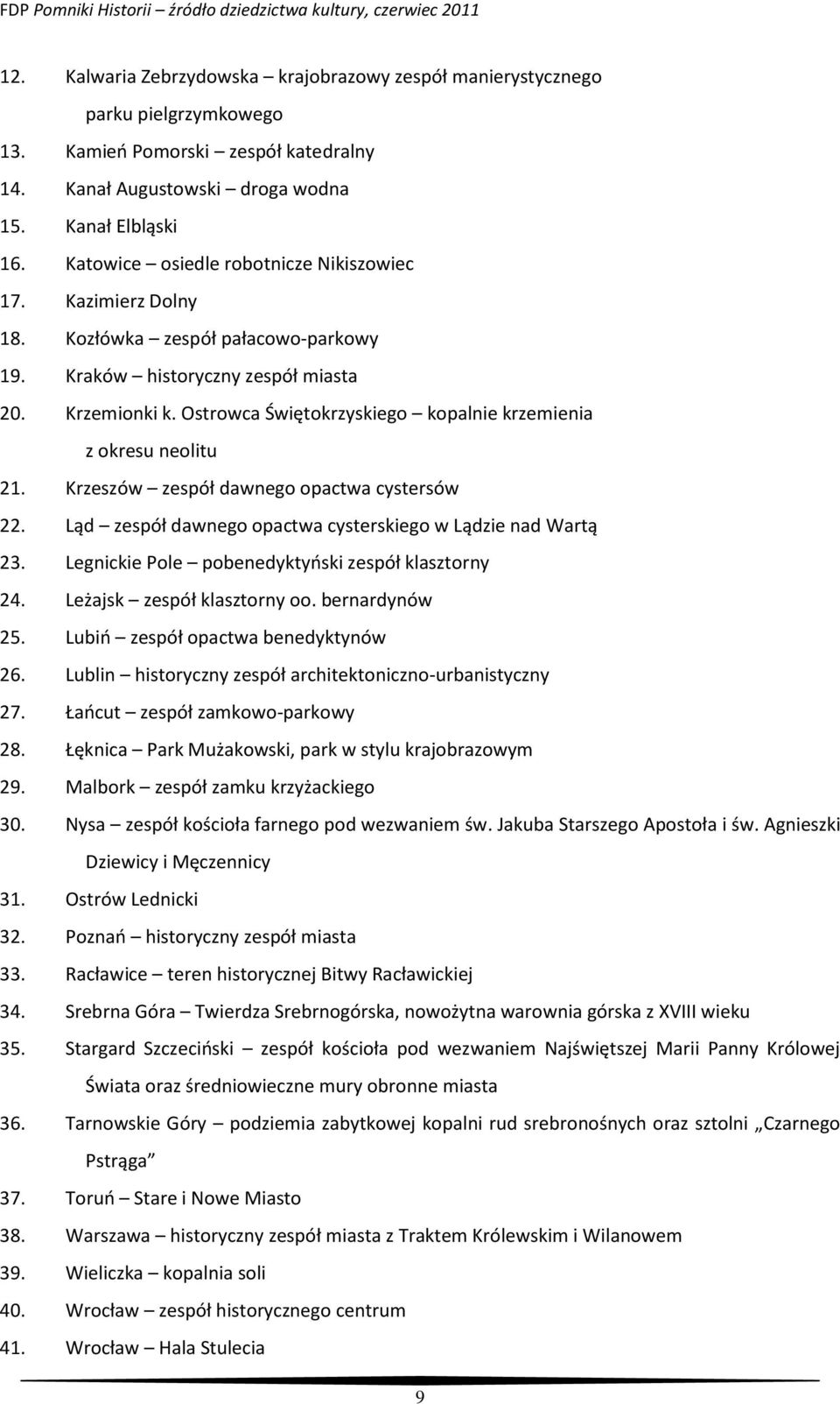 Ostrowca Świętokrzyskiego kopalnie krzemienia z okresu neolitu 21. Krzeszów zespół dawnego opactwa cystersów 22. Ląd zespół dawnego opactwa cysterskiego w Lądzie nad Wartą 23.