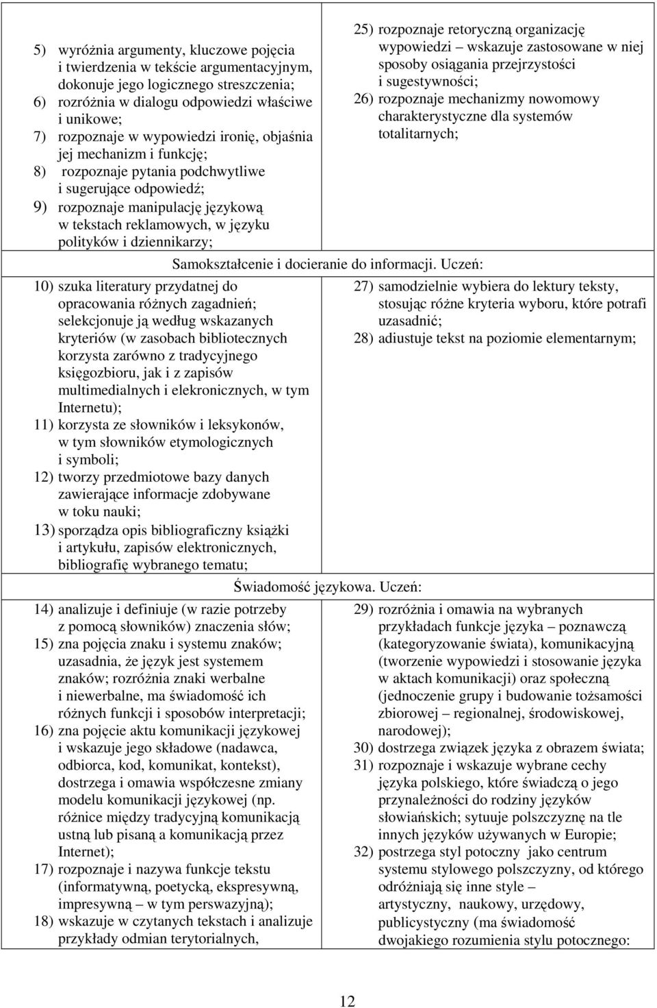 dziennikarzy; 10) szuka literatury przydatnej do opracowania róŝnych zagadnień; selekcjonuje ją według wskazanych kryteriów (w zasobach bibliotecznych korzysta zarówno z tradycyjnego księgozbioru,