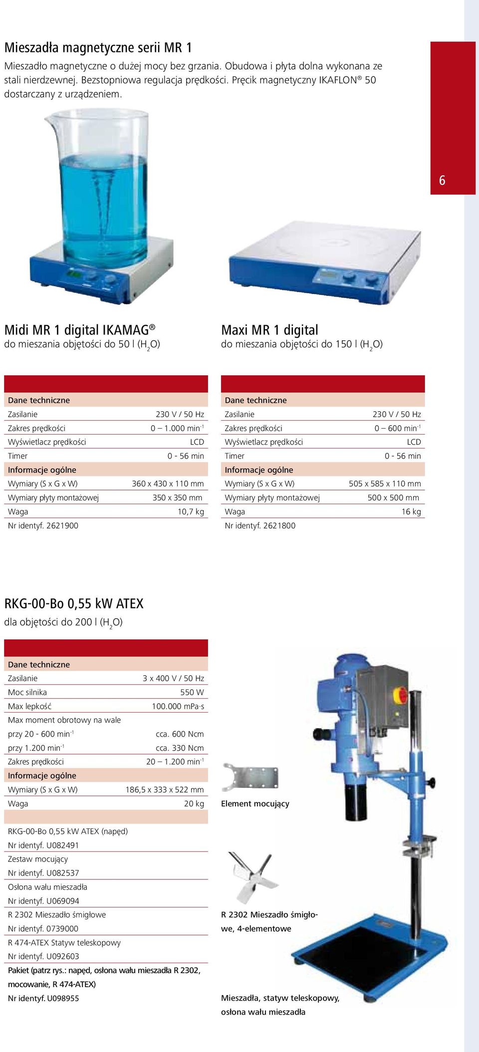 6 Midi MR 1 digital IKAMAG do mieszania objętości do 50 l (H 2 Maxi MR 1 digital do mieszania objętości do 150 l (H 2 230 V / 50 Hz Zakres prędkości 0 1.