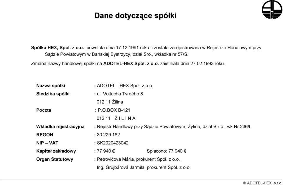 z o.o. zaistniała dnia 27.02.1993 roku. Nazwa spółki : ADOTEL -HEX Spół. z o.o. Siedziba spółki : ul. Vojtecha Tvrdého 8 012 11 Žilina Poczta : P.O.BOX B-121 012 11 ŽI L I N A Wkładka rejestracyjna : Rejestr Handlowy przy Sądzie Powiatowym, Żylina, dział S.