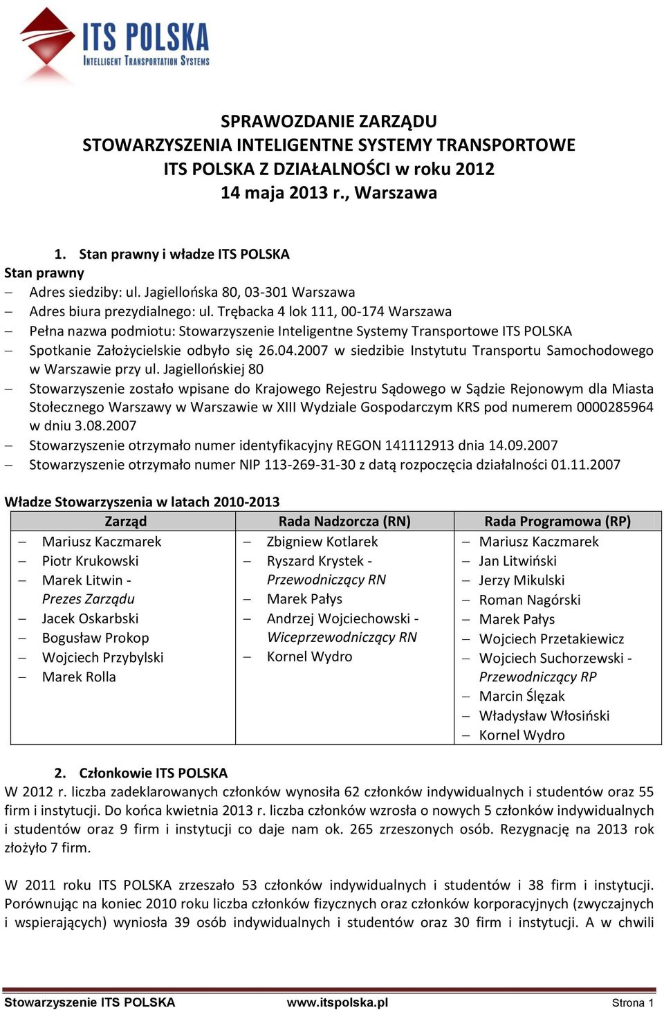 Trębacka 4 lok 111, 00-174 Warszawa Pełna nazwa podmiotu: Stowarzyszenie Inteligentne Systemy Transportowe ITS POLSKA Spotkanie Założycielskie odbyło się 26.04.