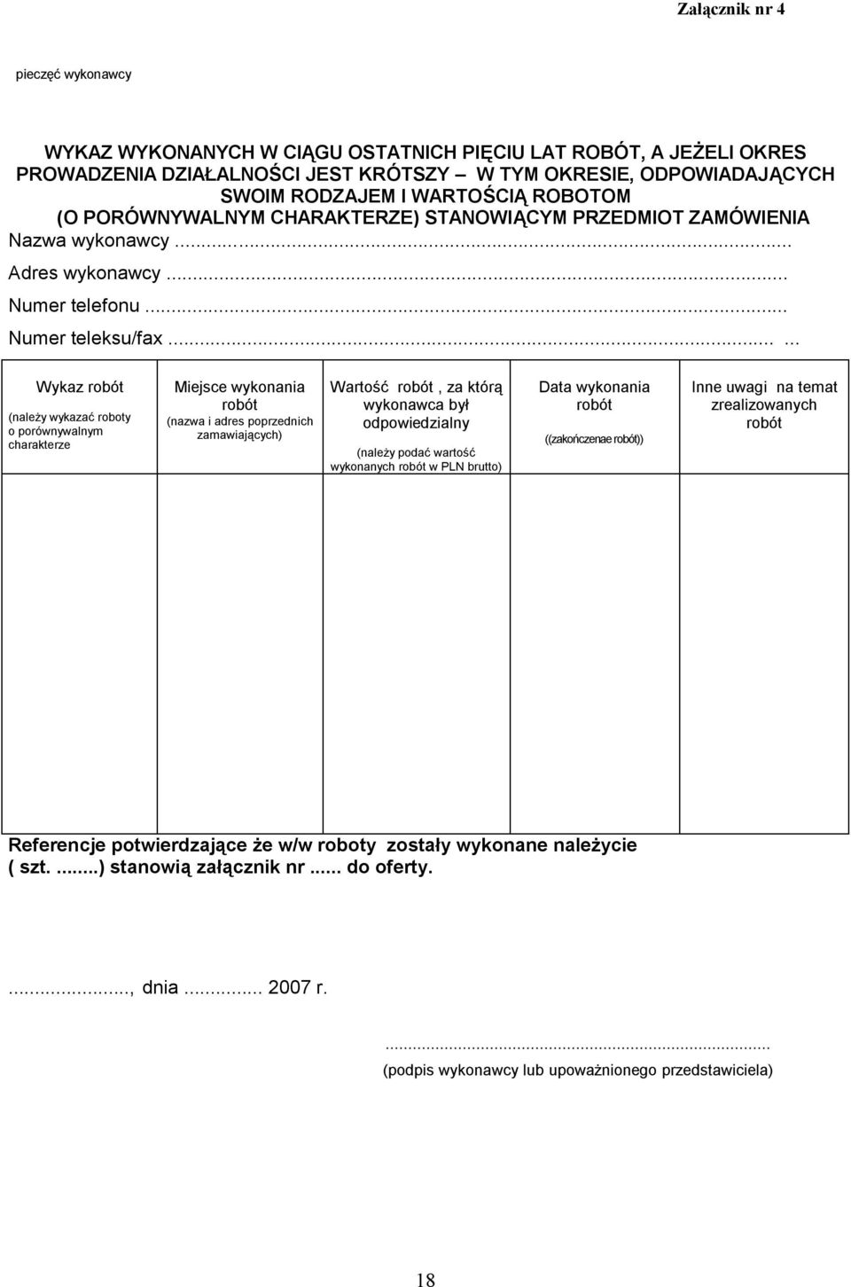 ..... Wykaz robót (należy wykazać roboty o porównywalnym charakterze Miejsce wykonania robót (nazwa i adres poprzednich zamawiających) Wartość robót, za którą wykonawca był odpowiedzialny (należy