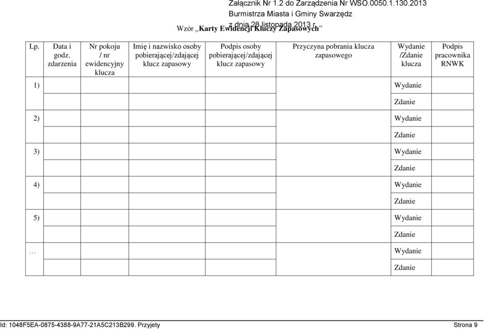 zdarzenia Nr pokoju / nr ewidencyjny klucza Imię i nazwisko osoby pobierającej/zdającej klucz zapasowy Podpis osoby