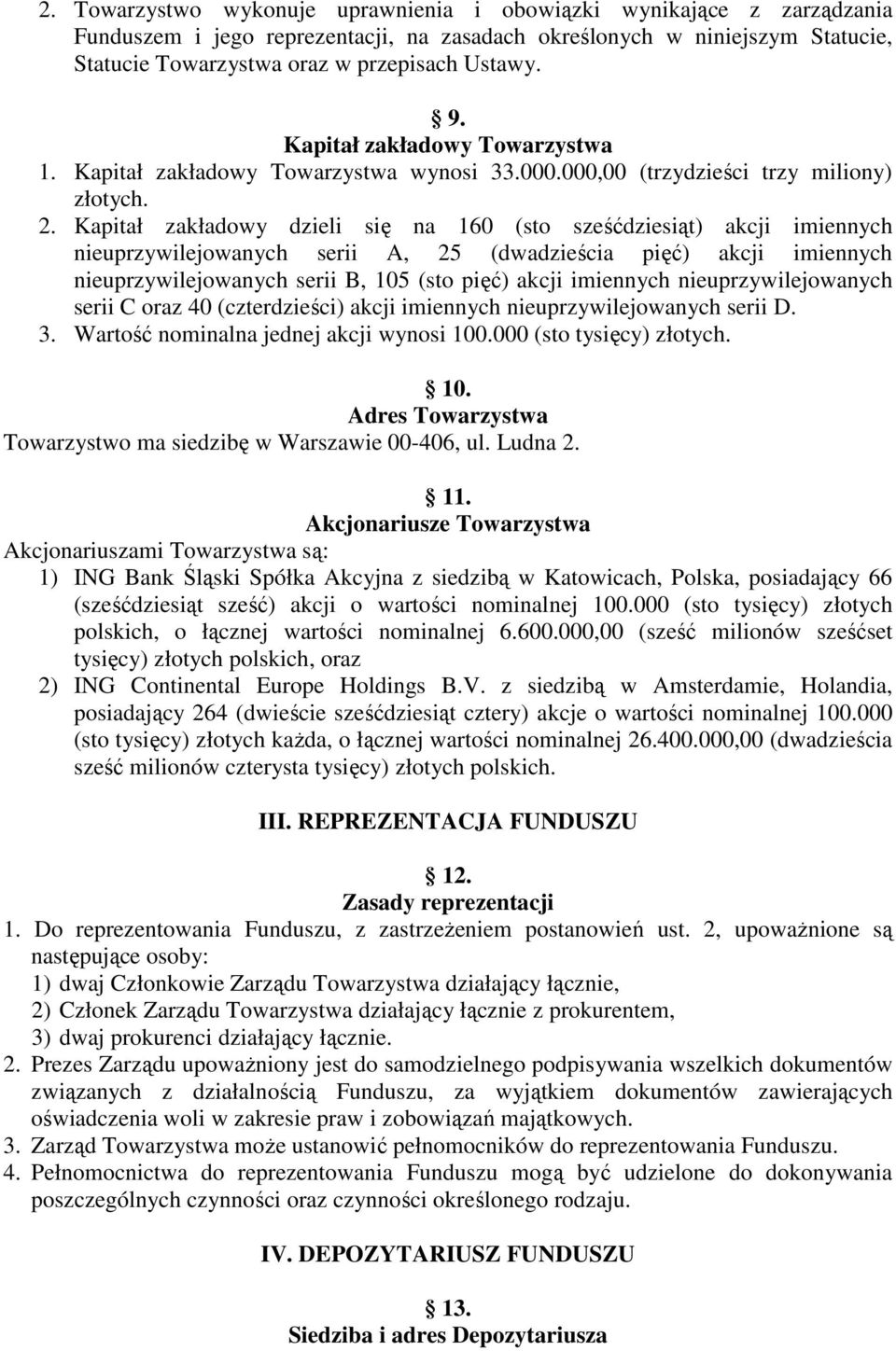 Kapitał zakładowy dzieli się na 160 (sto sześćdziesiąt) akcji imiennych nieuprzywilejowanych serii A, 25 (dwadzieścia pięć) akcji imiennych nieuprzywilejowanych serii B, 105 (sto pięć) akcji