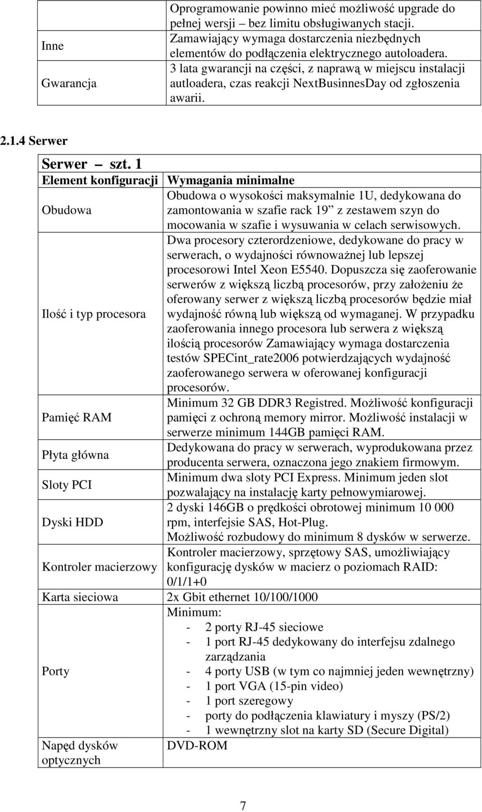3 lata gwarancji na części, z naprawą w miejscu instalacji autloadera, czas reakcji NextBusinnesDay od zgłoszenia awarii. 2.1.4 Serwer Serwer szt.