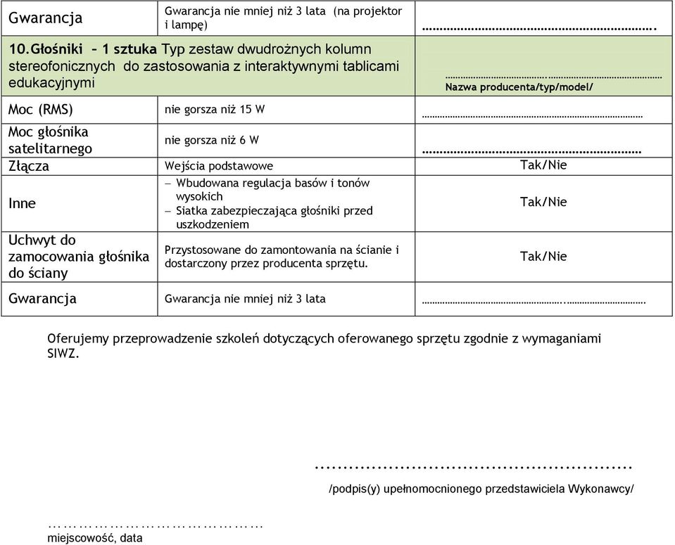 . Moc (RMS) nie gorsza niż 15 W Moc głośnika nie gorsza niż 6 W satelitarnego Złącza Wejścia podstawowe Inne Uchwyt do zamocowania głośnika do ściany Wbudowana regulacja basów i