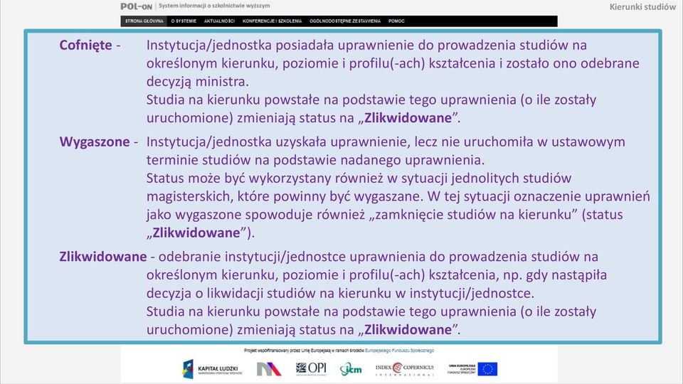 Wygaszone - Instytucja/jednostka uzyskała uprawnienie, lecz nie uruchomiła w ustawowym terminie studiów na podstawie nadanego uprawnienia.