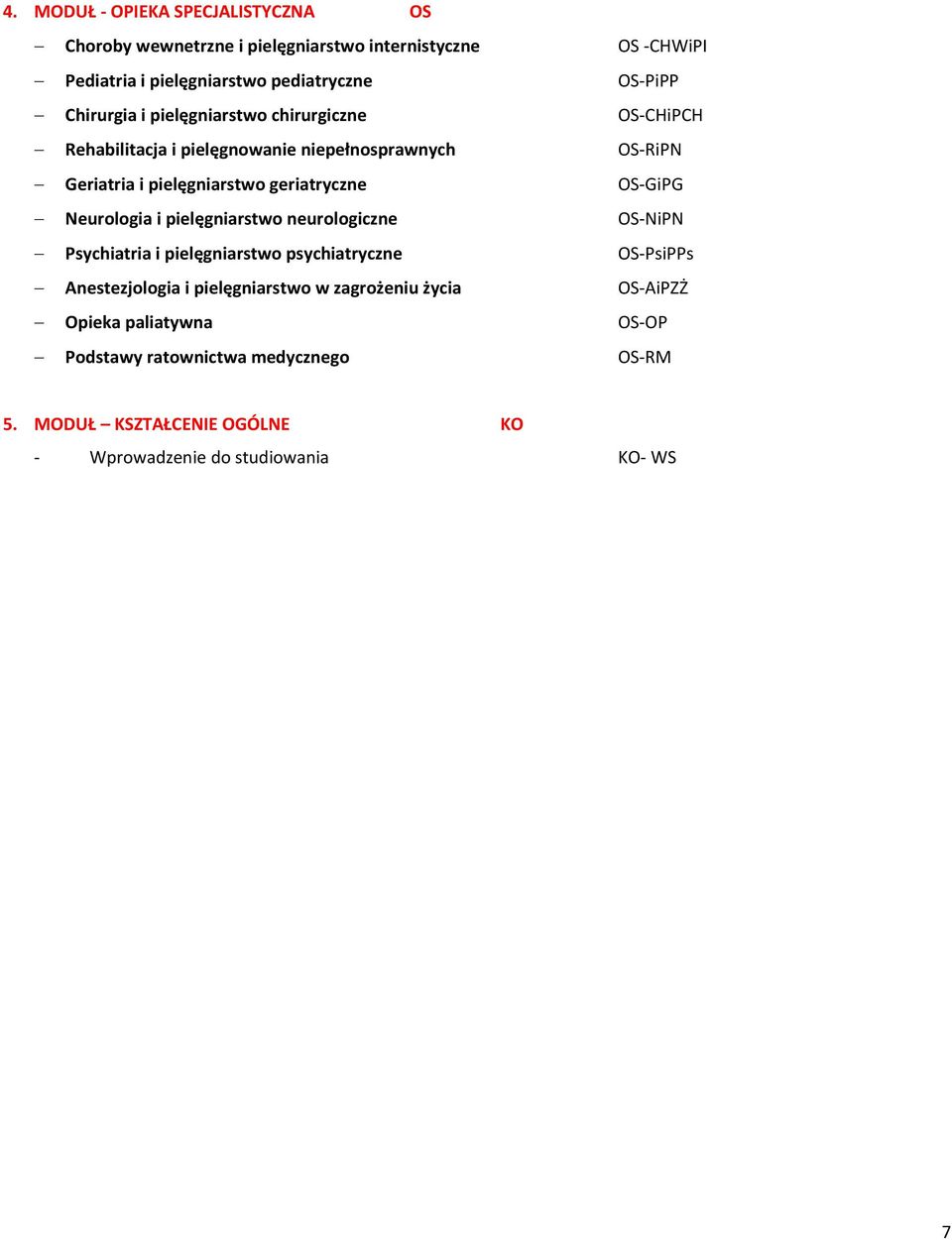 OS-GiPG Neurologia i pielęgniarstwo neurologiczne OS-NiPN Psychiatria i pielęgniarstwo psychiatryczne OS-PsiPPs Anestezjologia i pielęgniarstwo w