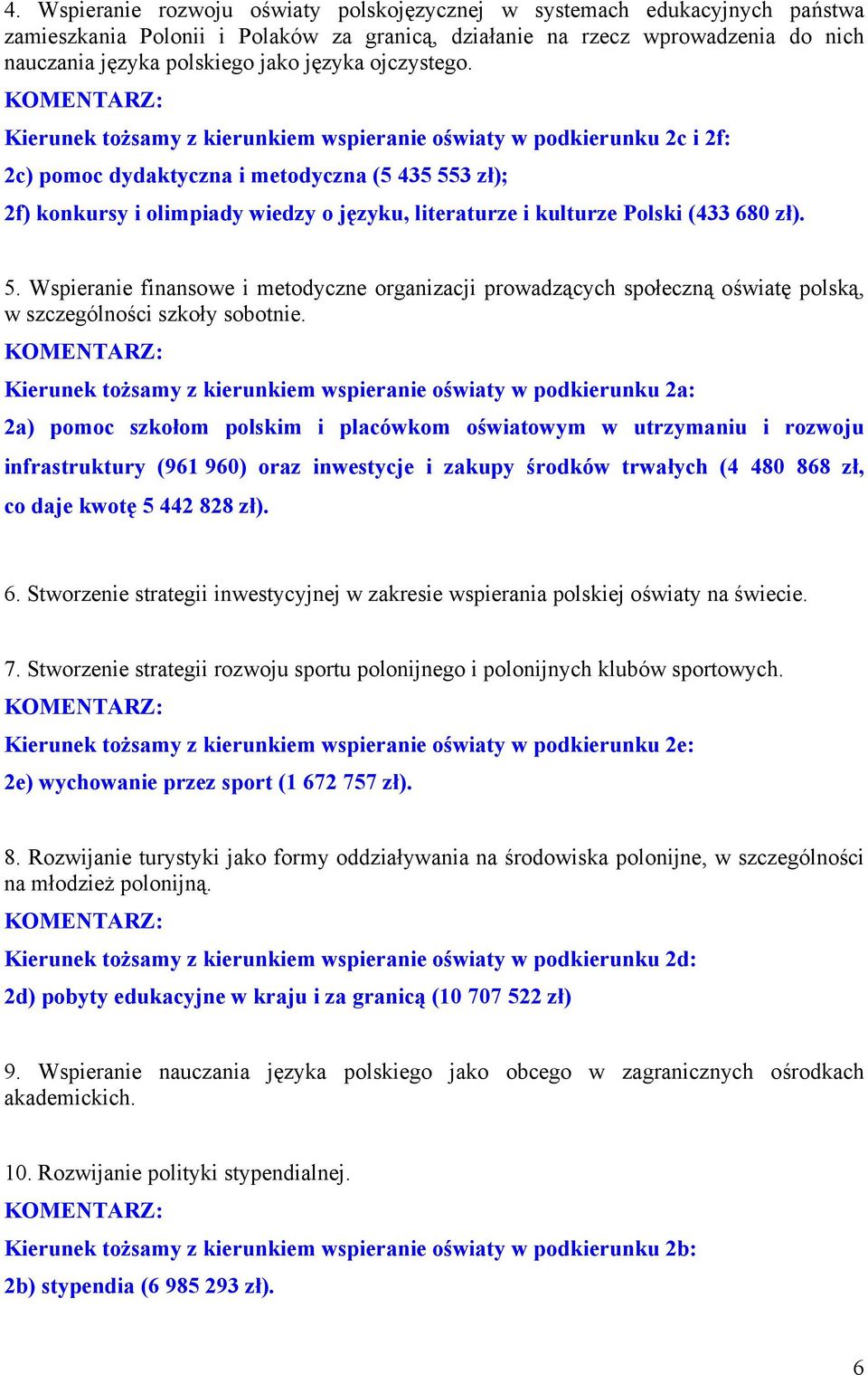 Kierunek tożsamy z kierunkiem wspieranie oświaty w podkierunku 2c i 2f: 2c) pomoc dydaktyczna i metodyczna (5 435 553 zł); 2f) konkursy i olimpiady wiedzy o języku, literaturze i kulturze Polski (433