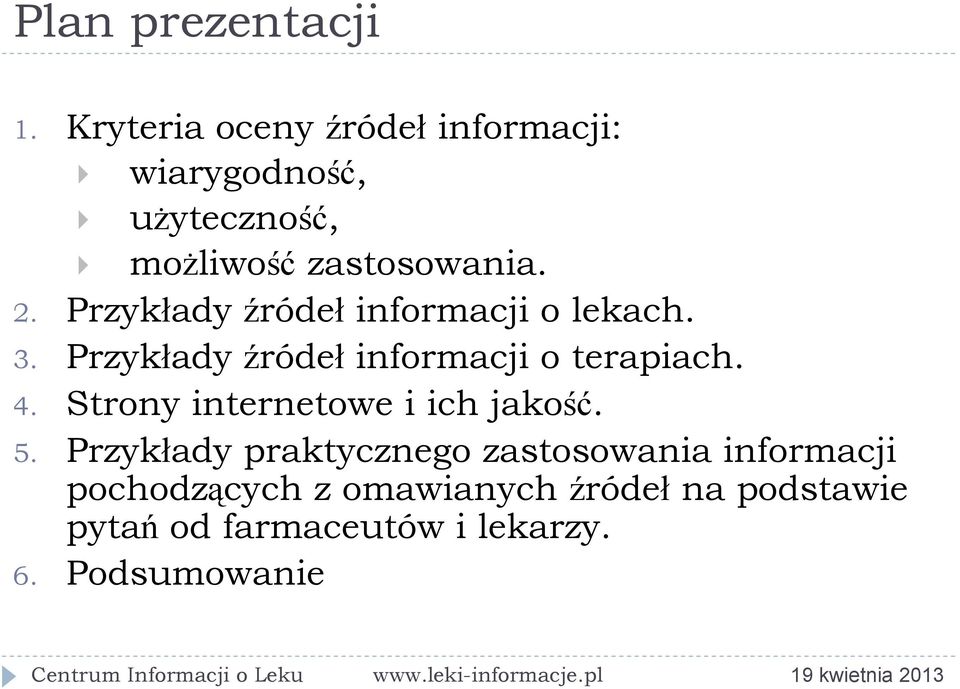 Przykłady źródeł informacji o lekach. 3. Przykłady źródeł informacji o terapiach. 4.