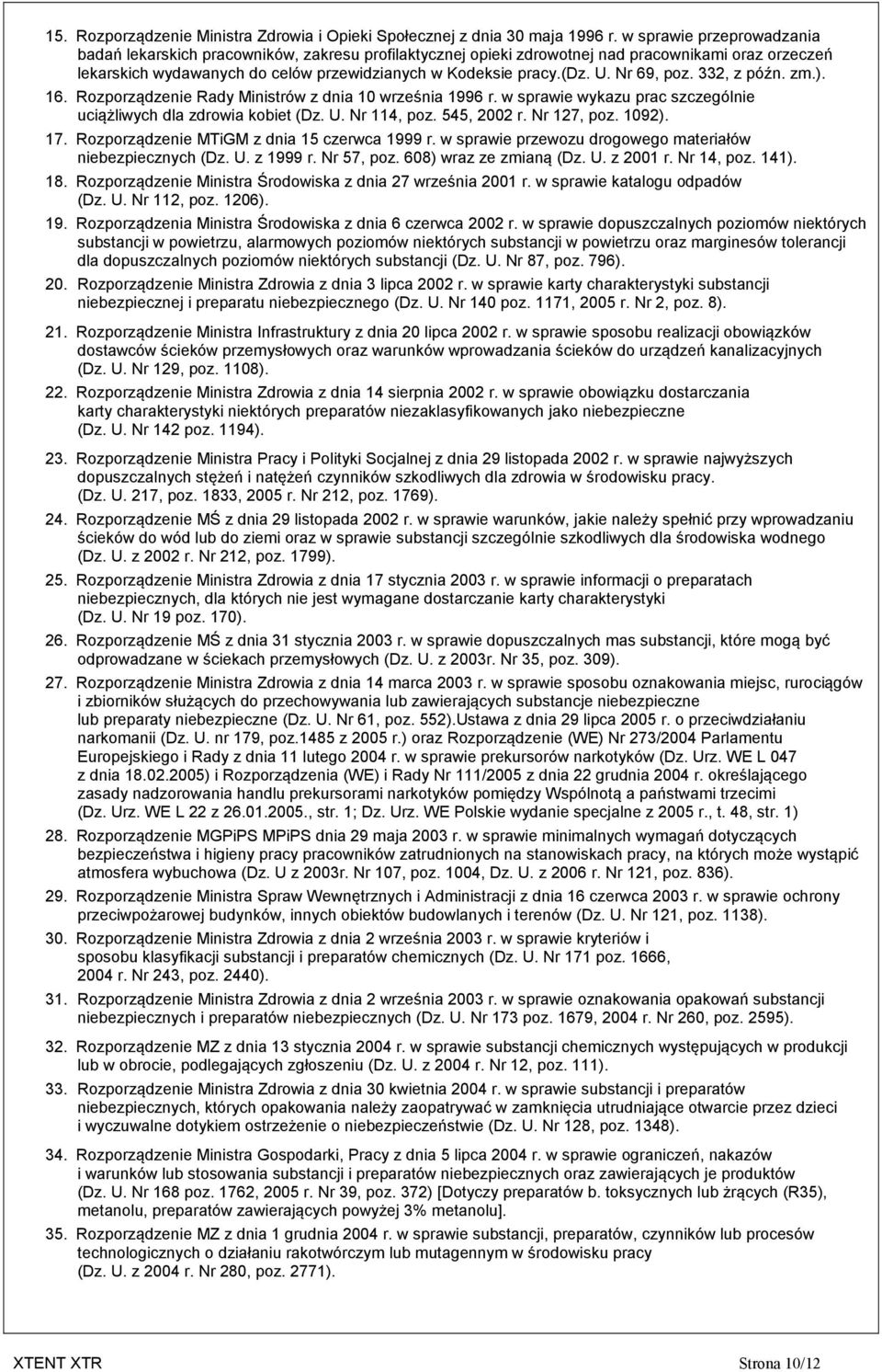 Nr 69, poz. 332, z późn. zm.). 16. Rozporządzenie Rady Ministrów z dnia 10 września 1996 r. w sprawie wykazu prac szczególnie uciążliwych dla zdrowia kobiet (Dz. U. Nr 114, poz. 545, 2002 r.