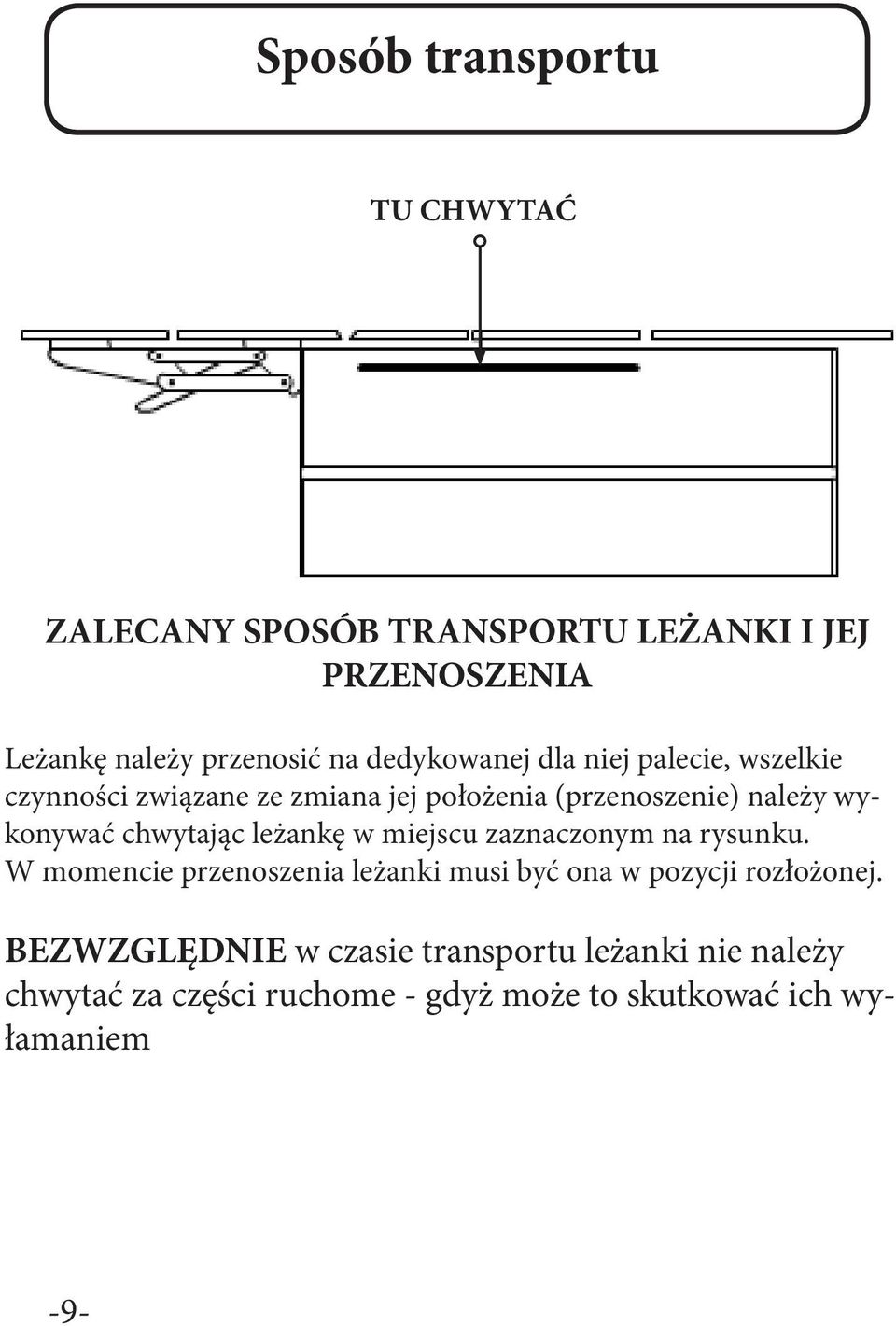 chwytając leżankę w miejscu zaznaczonym na rysunku.