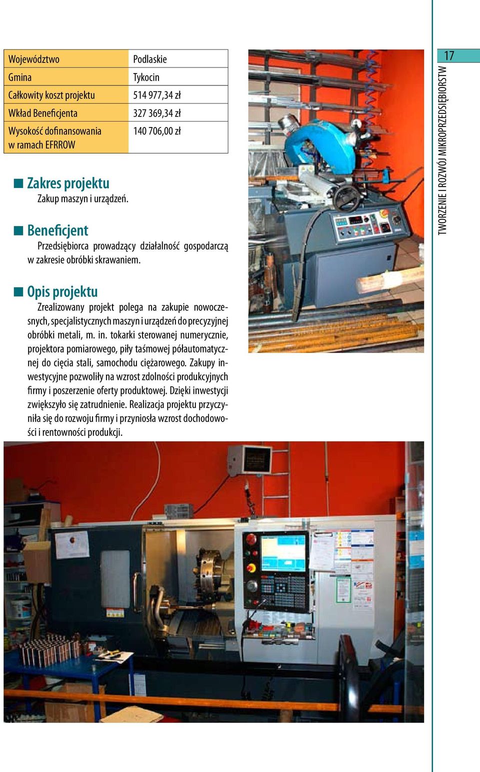 tokarki sterowanej numerycznie, projektora pomiarowego, piły taśmowej półautomatycznej do cięcia stali, samochodu ciężarowego.