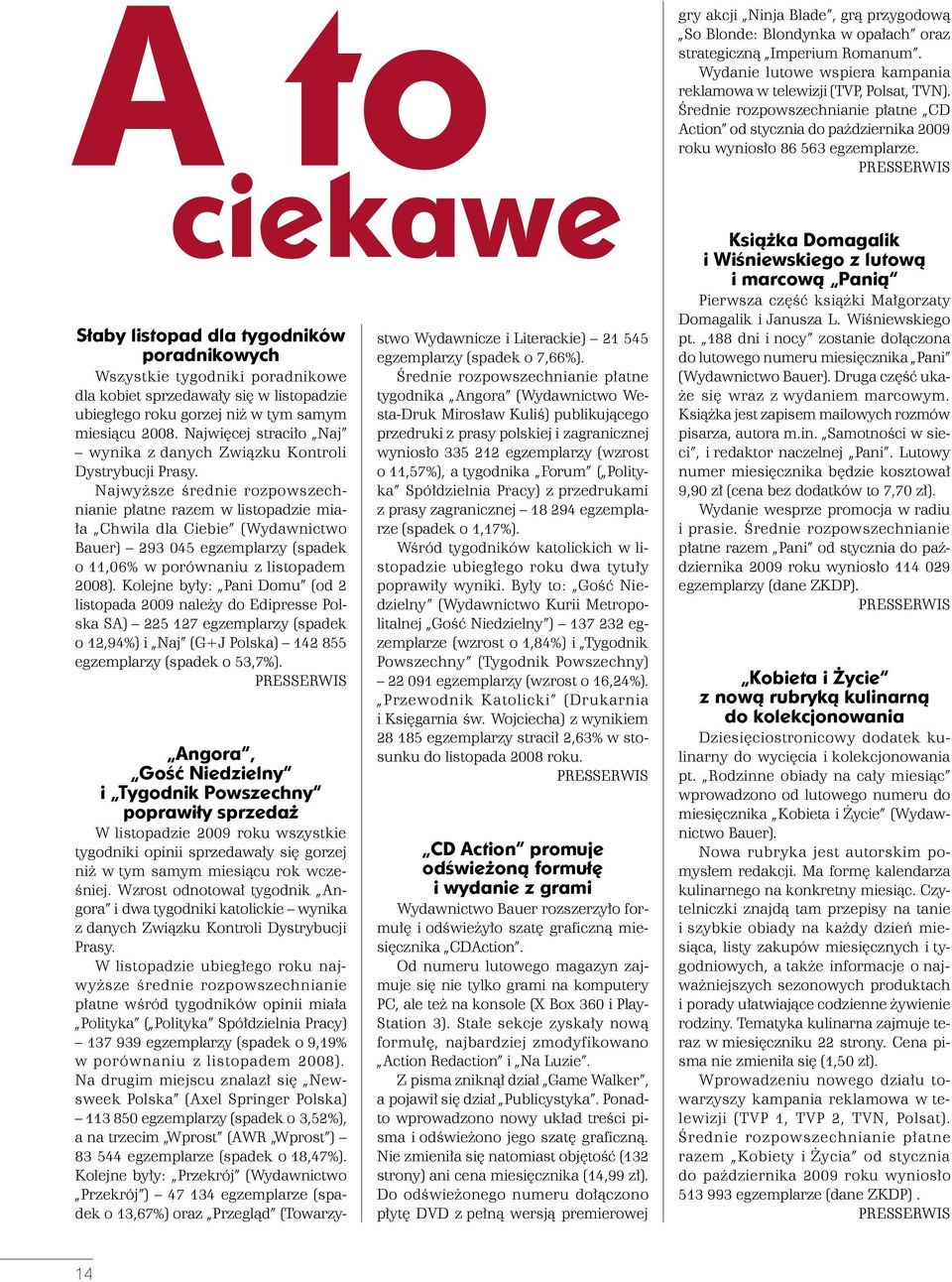 Najwyższe średnie rozpowszechnianie płatne razem w listopadzie miała Chwila dla Ciebie (Wydawnictwo Bauer) 293 045 egzemplarzy (spadek o 11,06% w porównaniu z listopadem 2008).