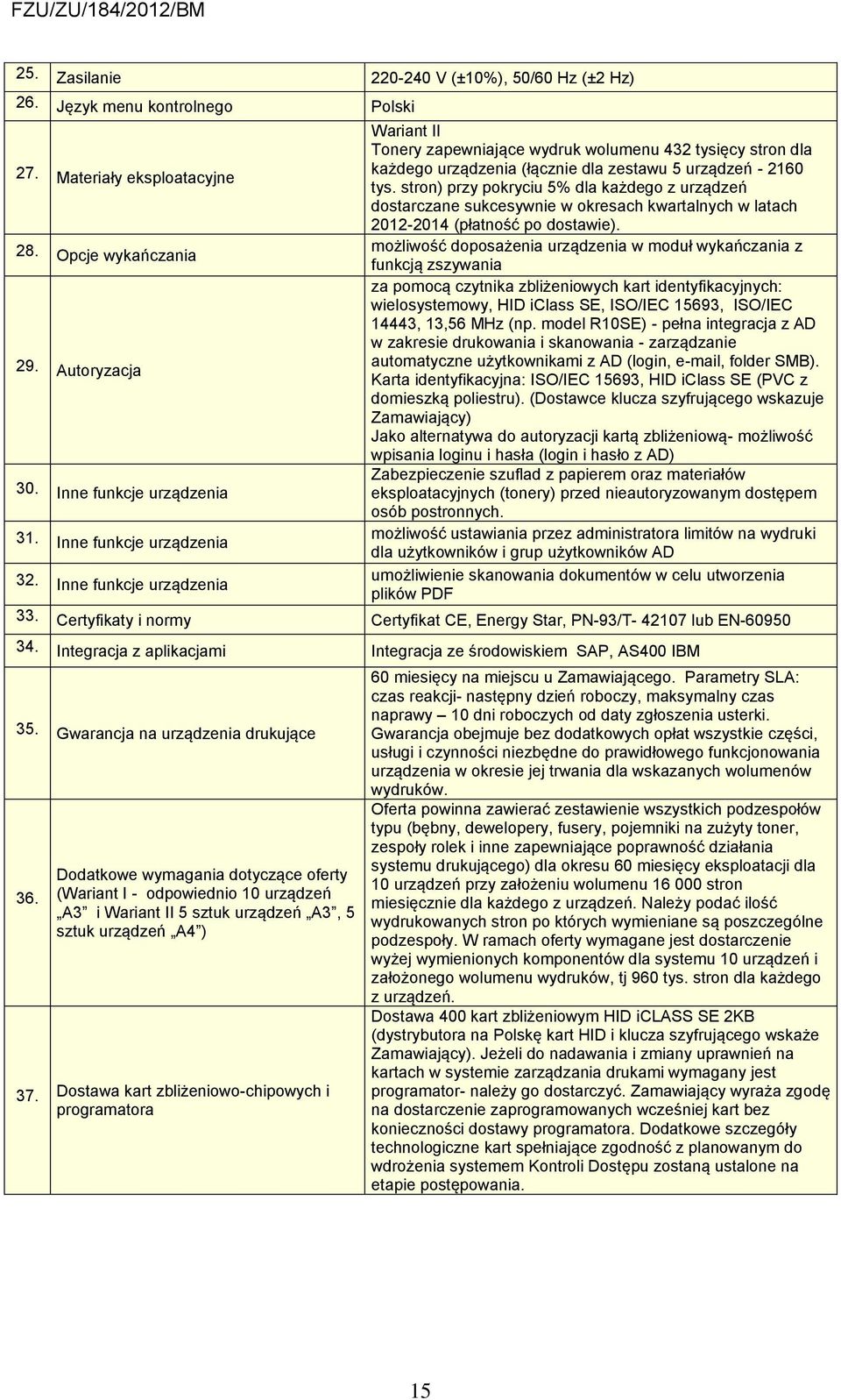 stron) przy pokryciu 5% dla każdego z urządzeń dostarczane sukcesywnie w okresach kwartalnych w latach 2012-2014 (płatność po dostawie). 28.