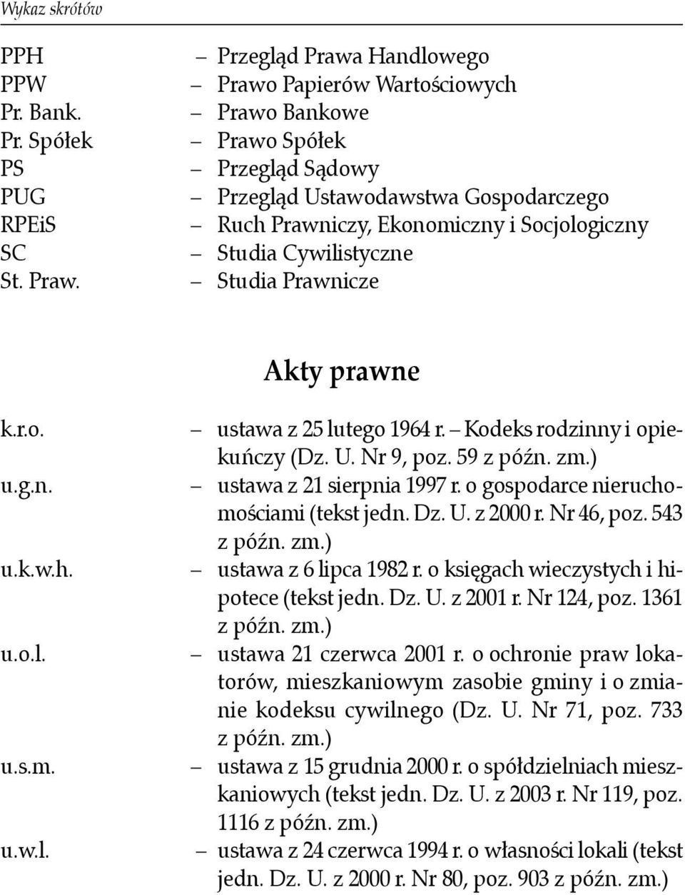 Studia Prawnicze Akty prawne k.r.o. u.g.n. u.k.w.h. u.o.l. u.s.m. u.w.l. ustawa z 25 lutego 1964 r. Kodeks rodzinny i opiekuńczy (Dz. U. Nr 9, poz. 59 z późn. zm.) ustawa z 21 sierpnia 1997 r.