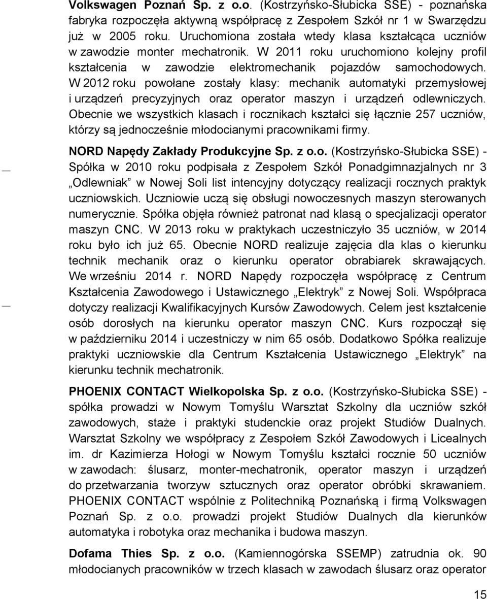 W 2012 roku powołane zostały klasy: mechanik automatyki przemysłowej i urządzeń precyzyjnych oraz operator maszyn i urządzeń odlewniczych.