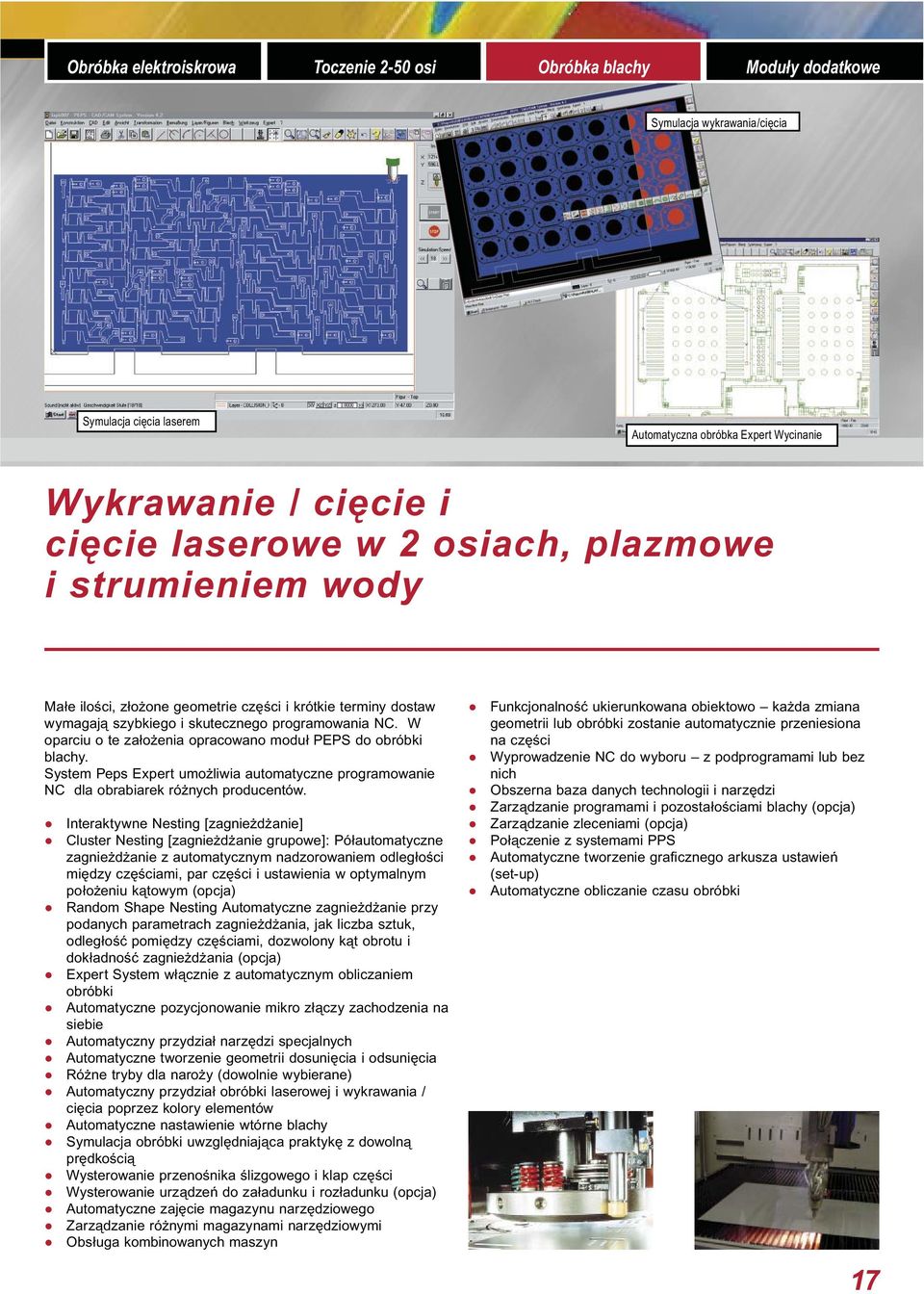 programowania NC. W oparciu o te założenia opracowano moduł PEPS do obróbki blachy. System Peps Expert umożliwia automatyczne programowanie NC dla obrabiarek różnych producentów.