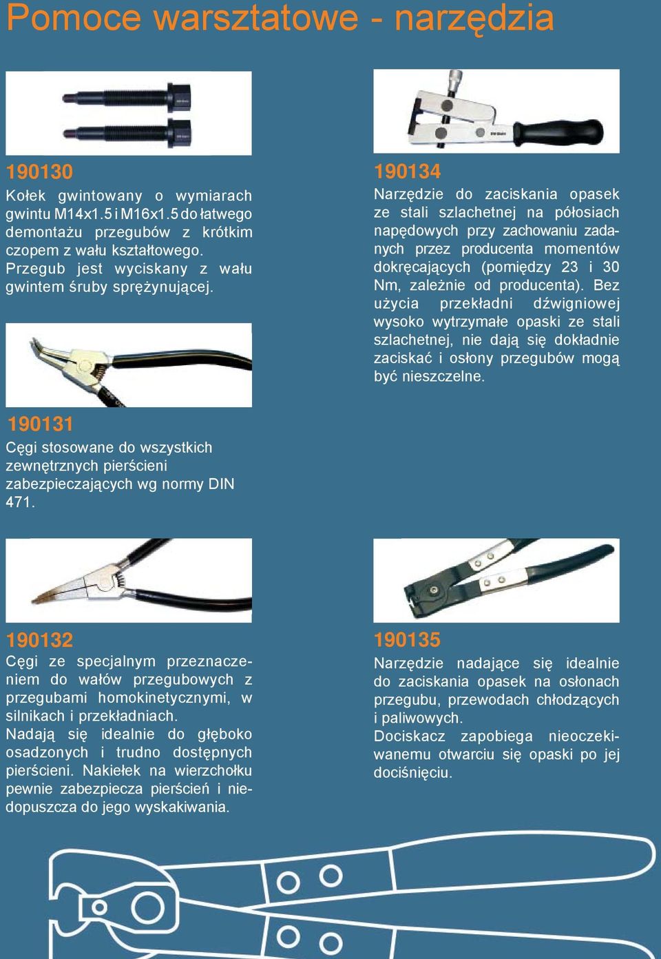 190134 Narzędzie do zaciskania opasek ze stali szlachetnej na półosiach napędowych przy zachowaniu zadanych przez producenta momentów dokręcających (pomiędzy 23 i 30 Nm, zależnie od producenta).