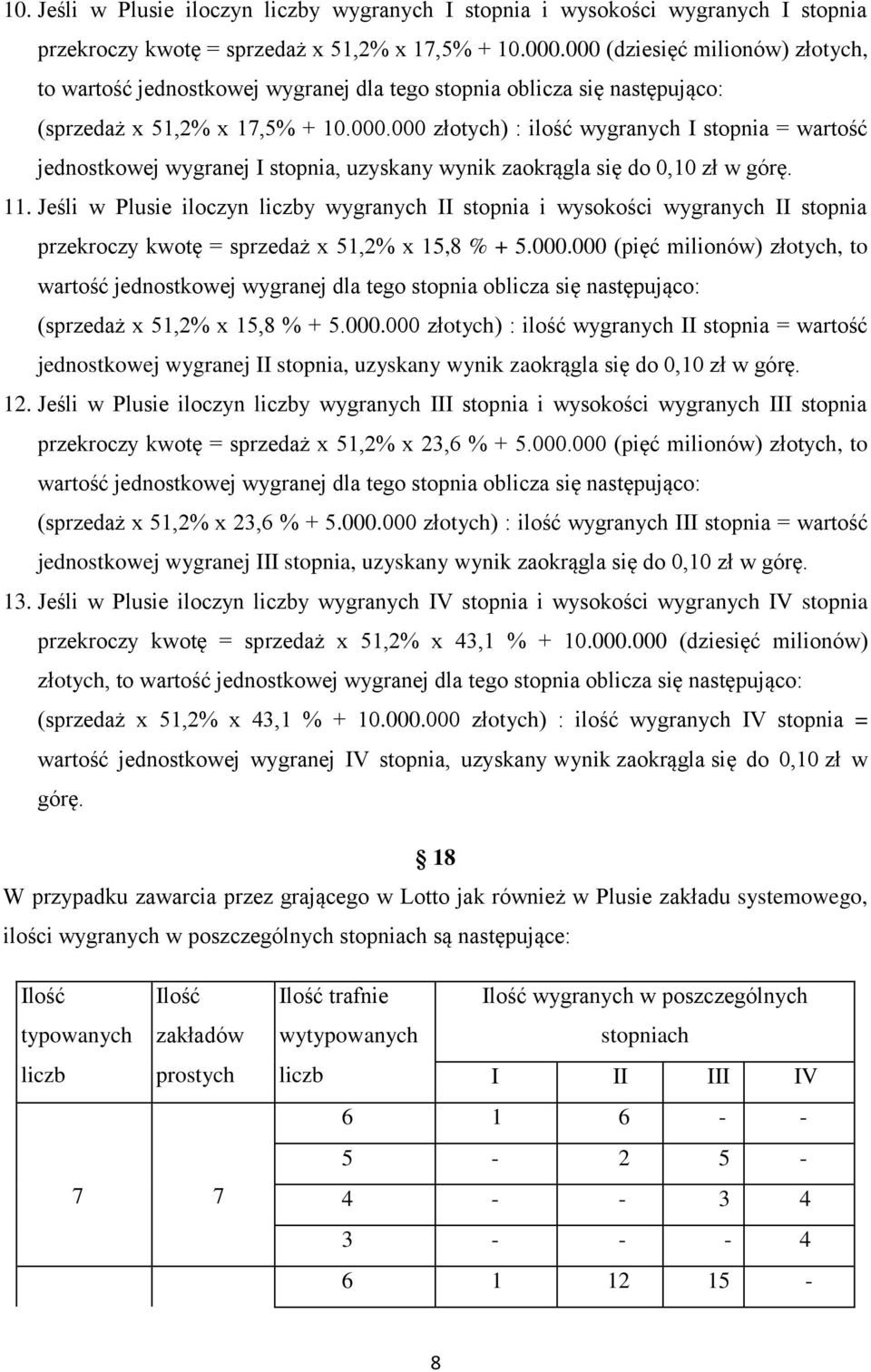 11. Jeśli w Plusie iloczyn liczby wygranych II stopnia i wysokości wygranych II stopnia przekroczy kwotę = sprzedaż x 51,2% x 15,8 % + 5.000.