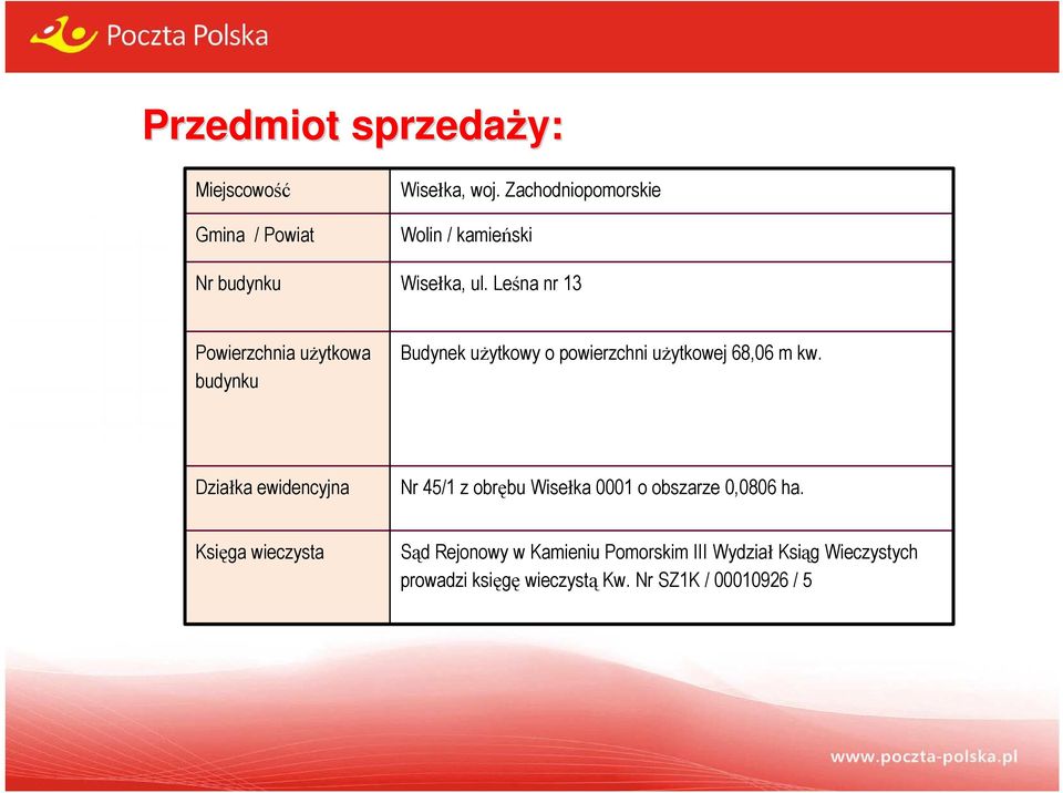 Leśna nr 13 Powierzchnia użytkowa budynku Budynek użytkowy o powierzchni użytkowej 68,06 m kw.