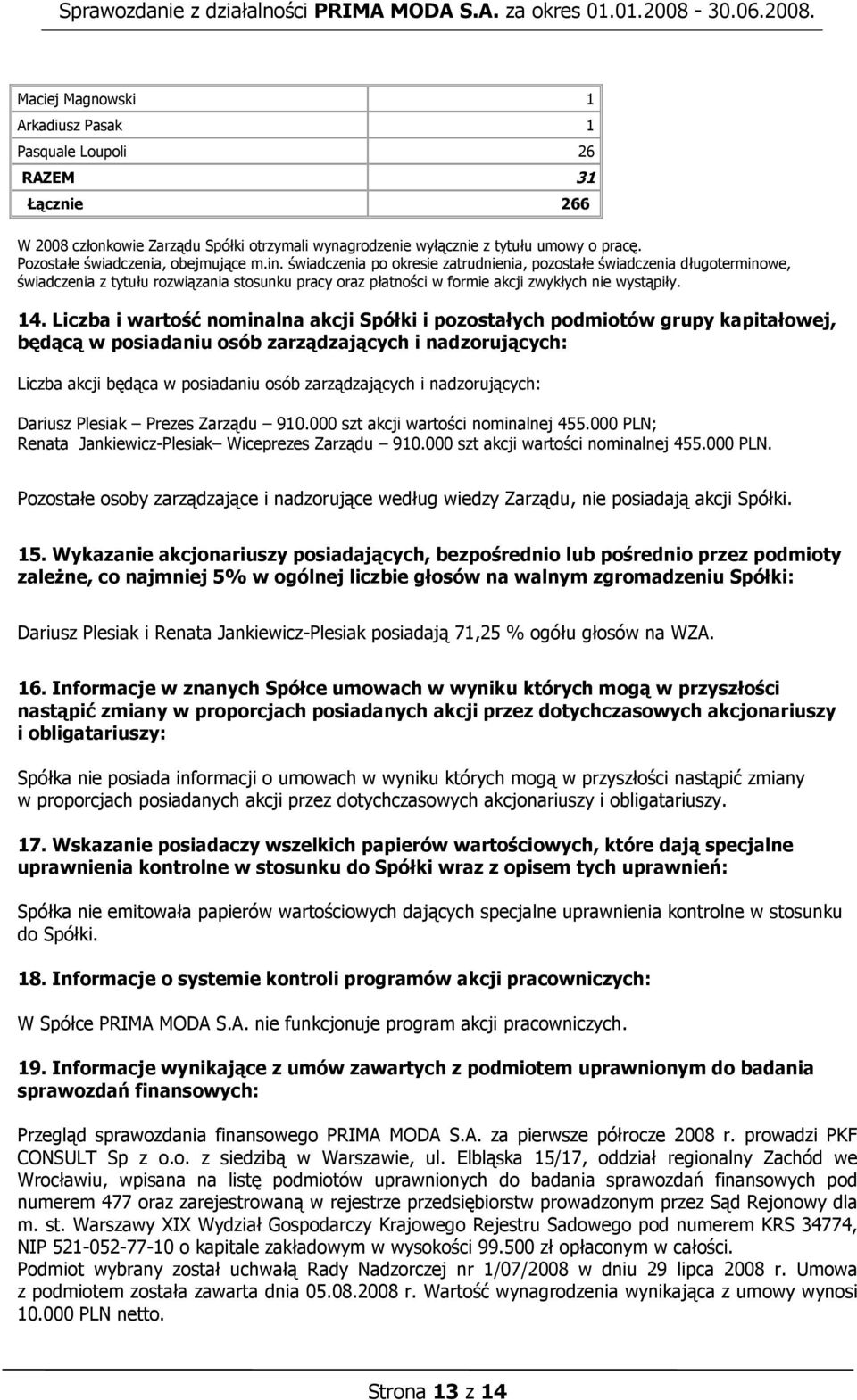 świadczenia po okresie zatrudnienia, pozostałe świadczenia długoterminowe, świadczenia z tytułu rozwiązania stosunku pracy oraz płatności w formie akcji zwykłych nie wystąpiły. 14.