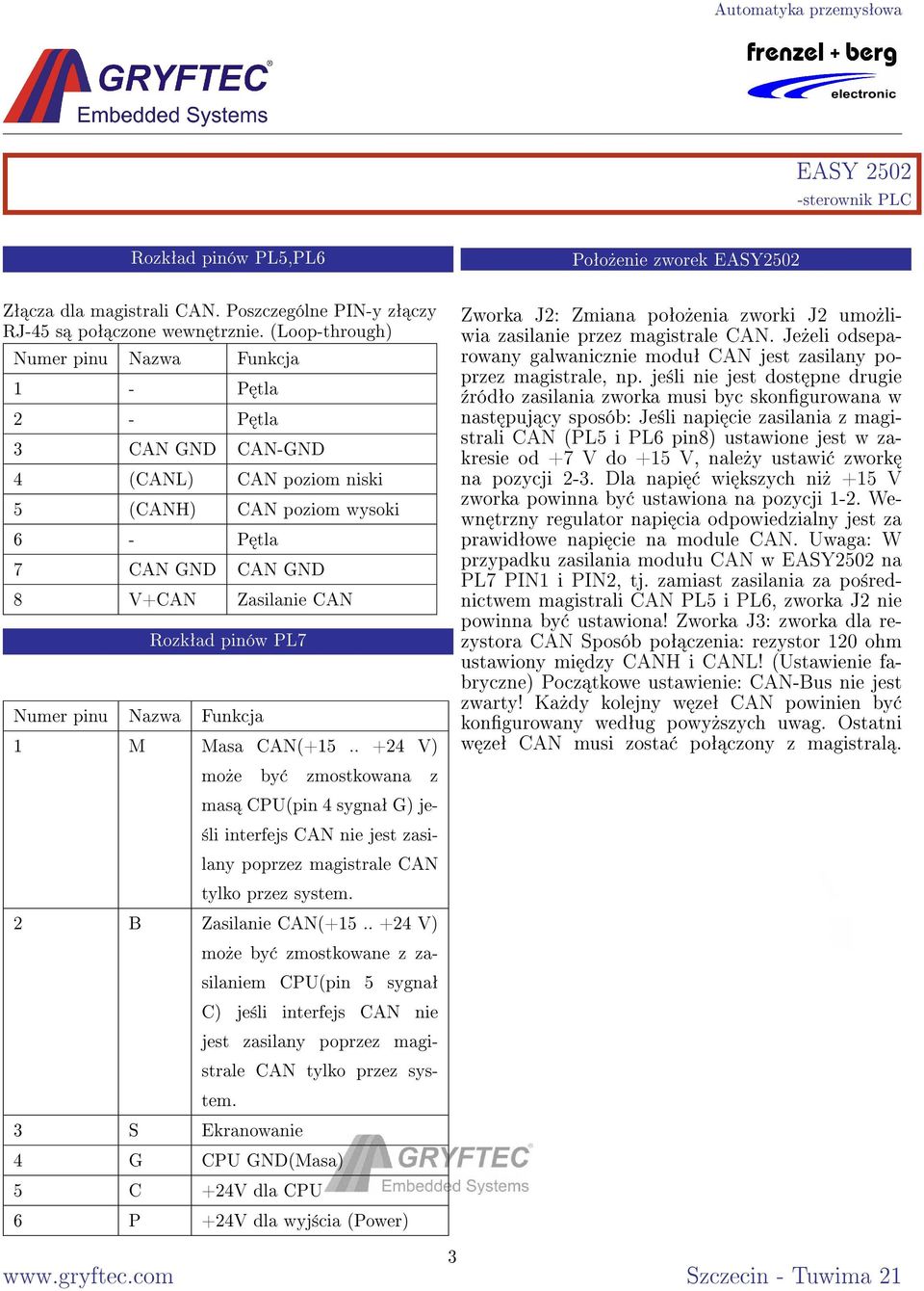 . +24 V) mo»e by zmostkowana z mas CPU(pin 4 sygnaª G) je- ±li interfejs CAN nie jest zasilany poprzez magistrale CAN tylko przez system. 2 B Zasilanie CAN(+15.