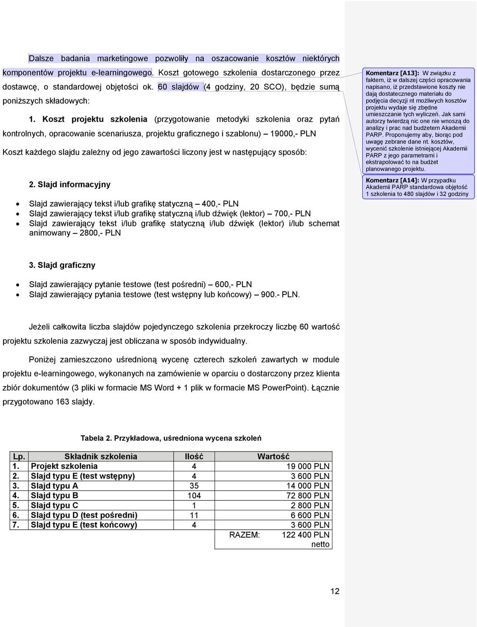 Koszt projektu szkolenia (przygotowanie metodyki szkolenia oraz pytań kontrolnych, opracowanie scenariusza, projektu graficznego i szablonu) 19000,- PLN Koszt każdego slajdu zależny od jego