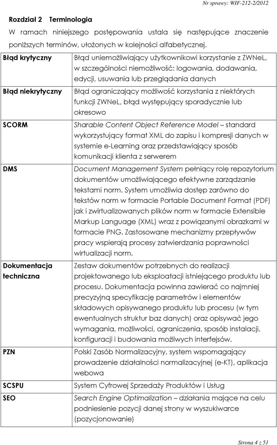 ograniczający możliwość korzystania z niektórych funkcji ZWNeL, błąd występujący sporadycznie lub okresowo SCORM Sharable Content Object Reference Model standard wykorzystujący format XML do zapisu i