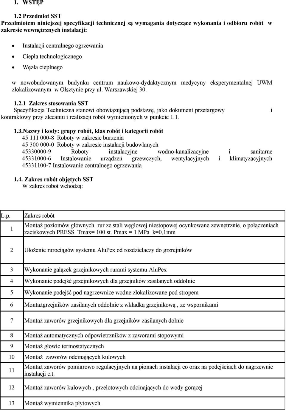 technologicznego Węzła cieplnego w nowobudowanym budynku centrum naukowo-dydaktycznym medycyny eksperymentalnej UWM zlokalizowanym w Olsztynie przy ul. Warszawskiej 30. 1.2.