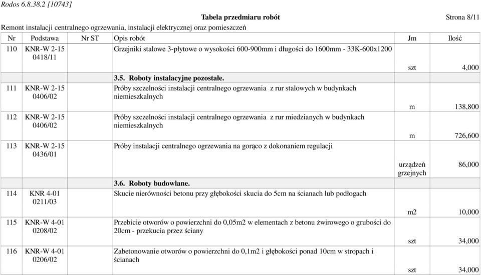 Próby szczelności instalacji centralnego ogrzewania z rur stalowych w niemieszkalnych Próby szczelności instalacji centralnego ogrzewania z rur miedzianych w niemieszkalnych Próby instalacji