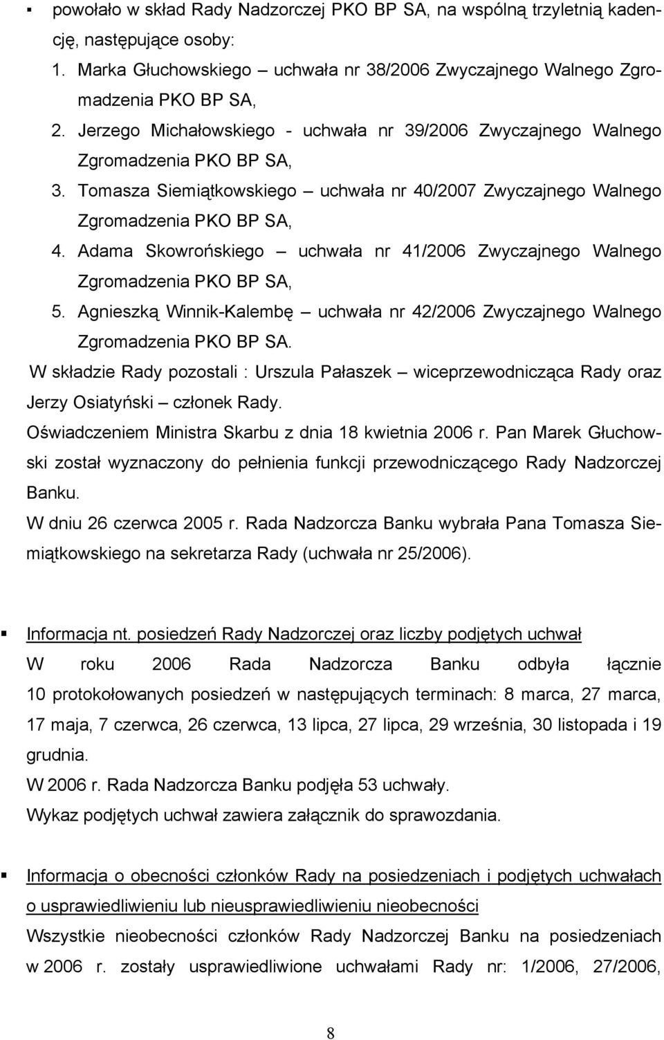 Adama Skowrońskiego uchwała nr 41/2006 Zwyczajnego Walnego Zgromadzenia PKO BP SA, 5. Agnieszką Winnik-Kalembę uchwała nr 42/2006 Zwyczajnego Walnego Zgromadzenia PKO BP SA.