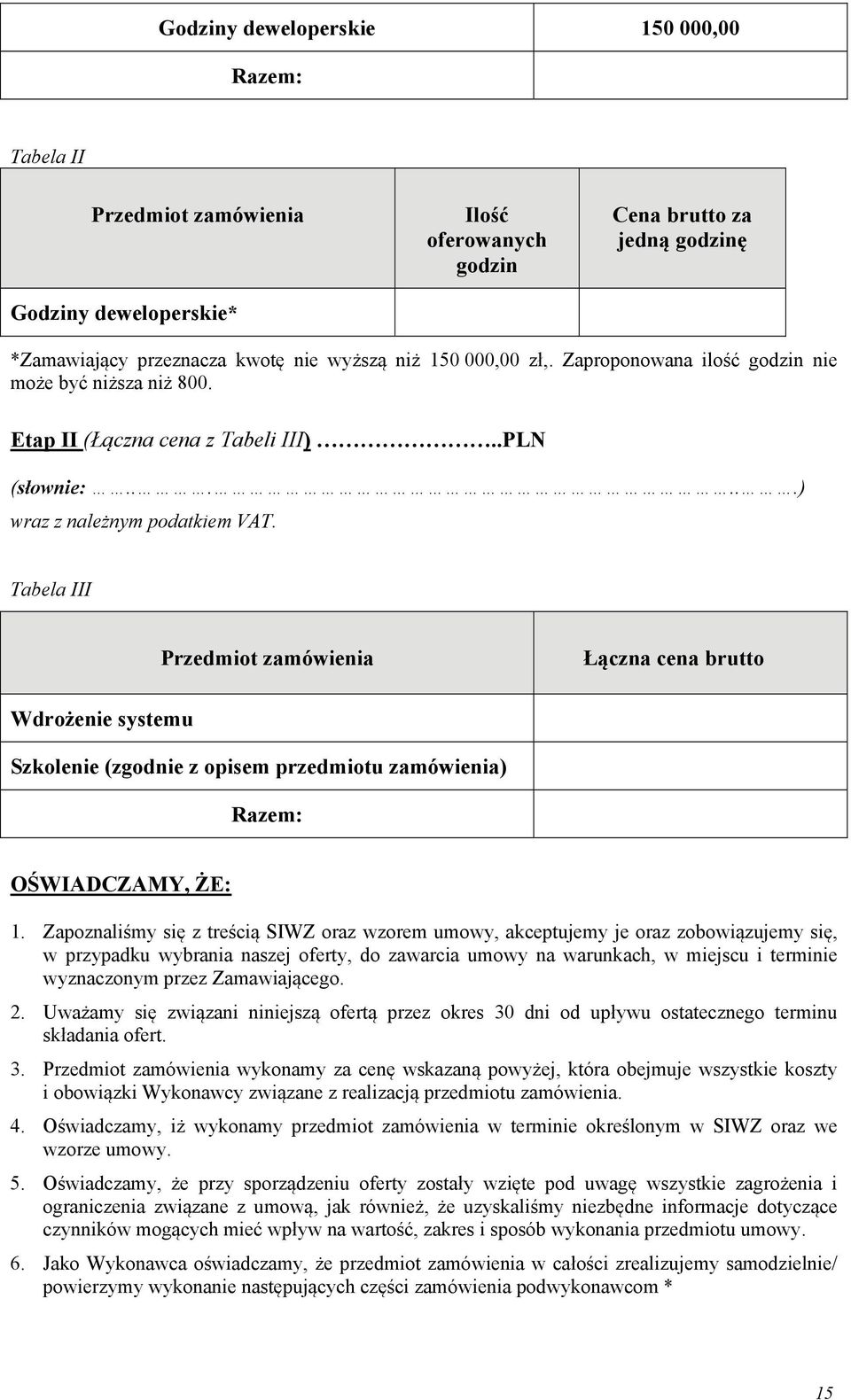 Tabela III Przedmiot zamówienia Łączna cena brutto Wdrożenie systemu Szkolenie (zgodnie z opisem przedmiotu zamówienia) Razem: OŚWIADCZAMY, ŻE: 1.