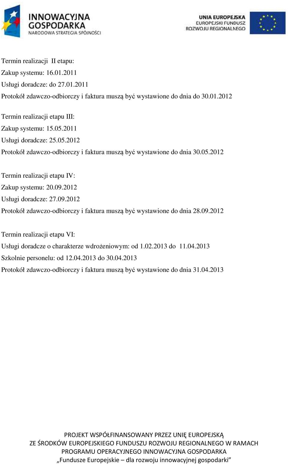 2012 Usługi doradcze: 27.09.2012 Protokół zdawczo-odbiorczy i faktura muszą być wystawione do dnia 28.09.2012 Termin realizacji etapu VI: Usługi doradcze o charakterze wdrożeniowym: od 1.