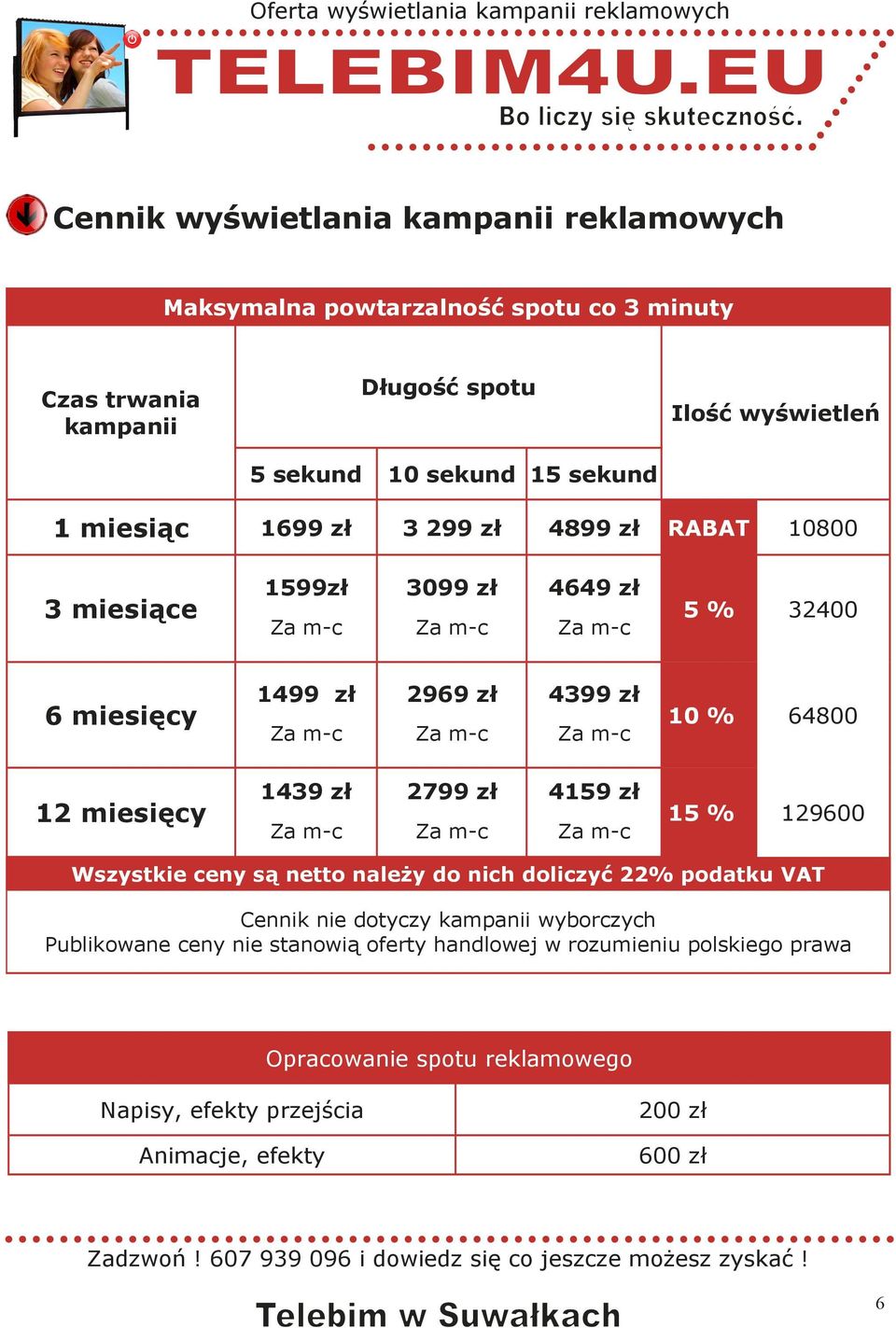 zł 15 % 129600 Wszystkie ceny są netto należy do nich doliczyć 22% podatku VAT Cennik nie dotyczy kampanii wyborczych Publikowane ceny nie stanowią oferty handlowej w