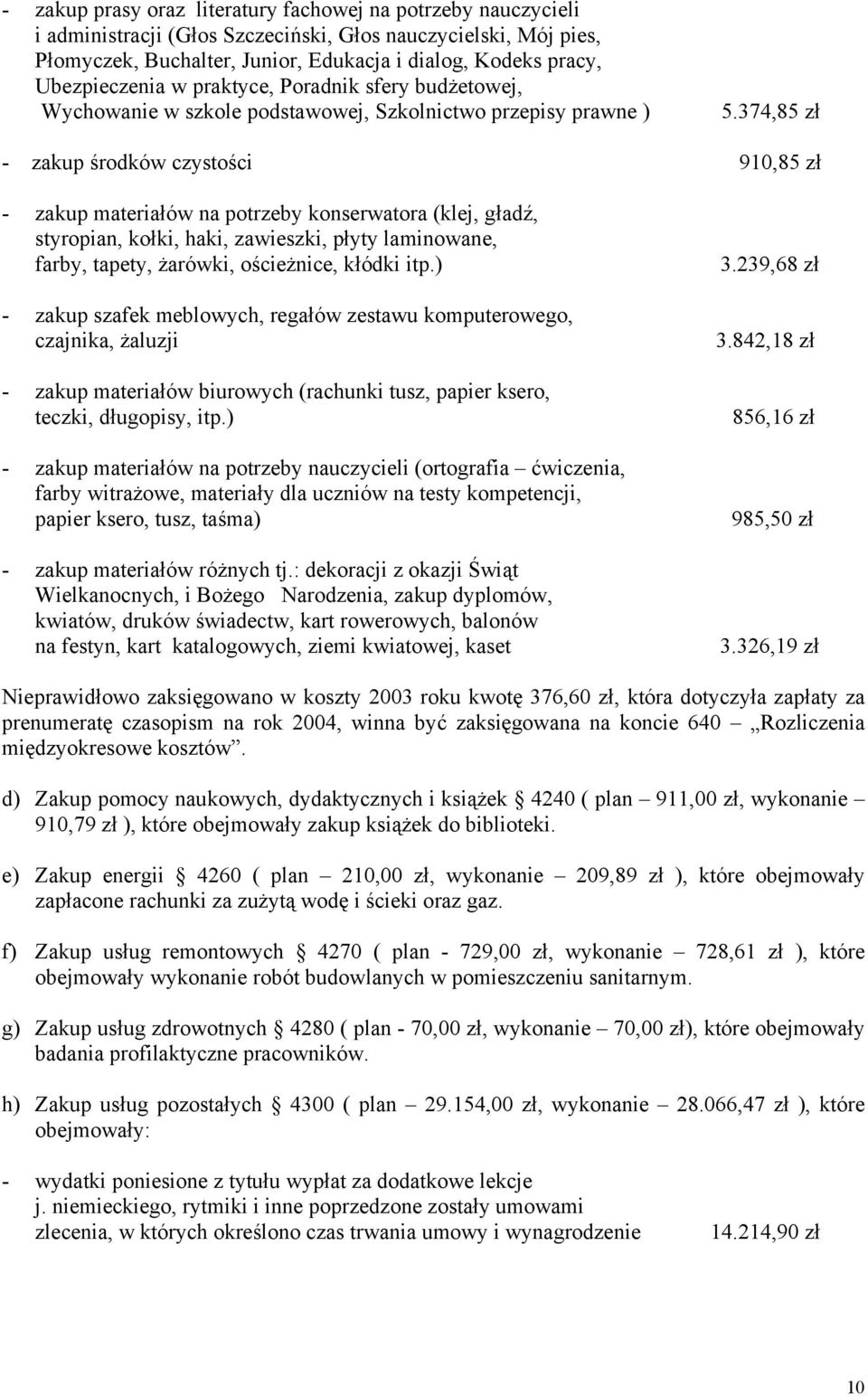 374,85 zł - zakup środków czystości 910,85 zł - zakup materiałów na potrzeby konserwatora (klej, gładź, styropian, kołki, haki, zawieszki, płyty laminowane, farby, tapety, żarówki, ościeżnice, kłódki