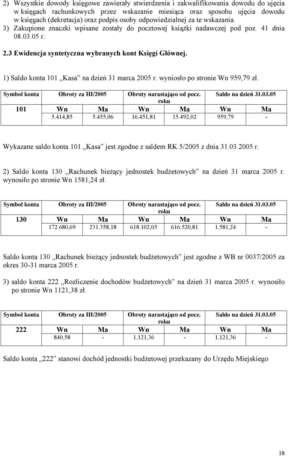 1) Saldo konta 101 Kasa na dzień 31 marca 2005 r. wyniosło po stronie Wn 959,79 zł. Symbol konta Obroty za III/2005 Obroty narastająco od pocz. Saldo na dzień 31.03.05 roku 101 Wn Ma Wn Ma Wn Ma 5.