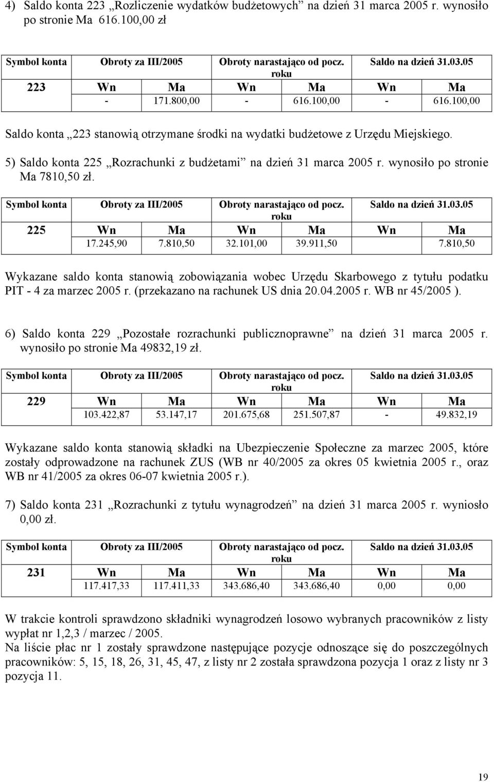 5) Saldo konta 225 Rozrachunki z budżetami na dzień 31 marca 2005 r. wynosiło po stronie Ma 7810,50 zł. Symbol konta Obroty za III/2005 Obroty narastająco od pocz. Saldo na dzień 31.03.