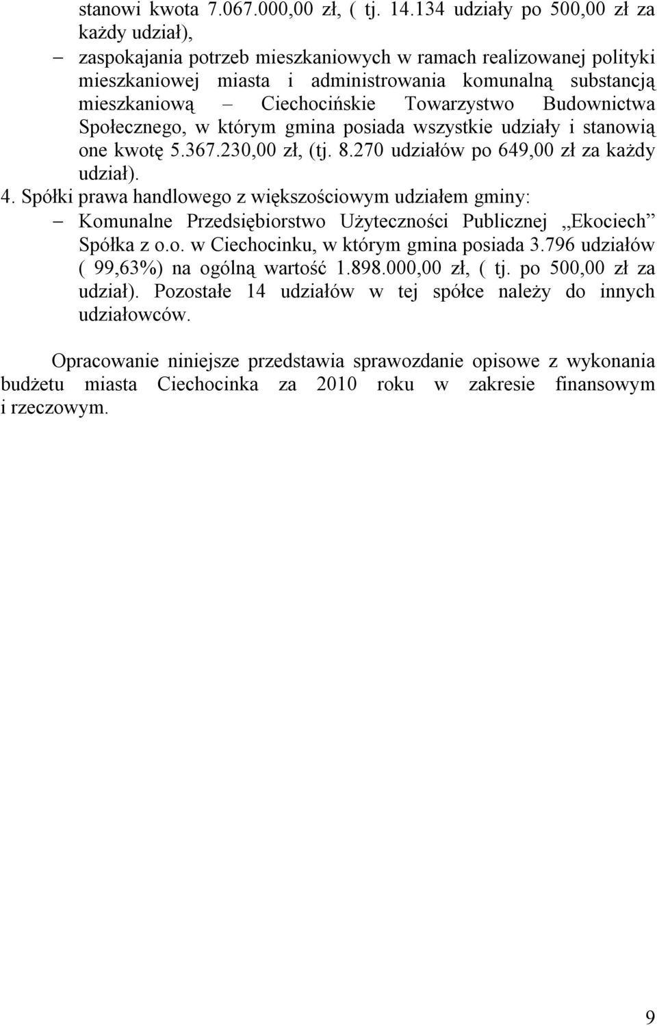 Towarzystwo Budownictwa Społecznego, w którym gmina posiada wszystkie udziały i stanowią one kwotę 5.367.230,00 zł, (tj. 8.270 udziałów po 649,00 zł za każdy udział). 4.