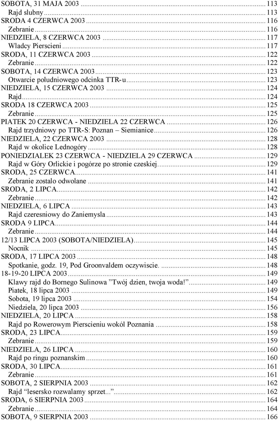 ..125 PIATEK 20 CZERWCA - NIEDZIELA 22 CZERWCA...126 Rajd trzydniowy po TTR-S: Poznan Siemianice...126 NIEDZIELA, 22 CZERWCA 2003...128 Rajd w okolice Lednogóry.