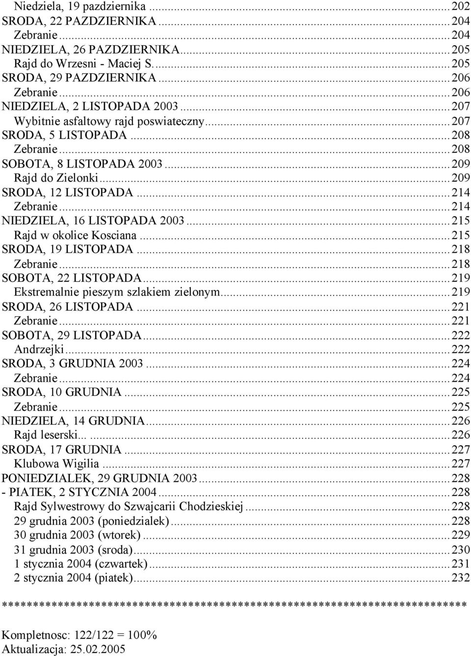 ..214 Zebranie...214 NIEDZIELA, 16 LISTOPADA 2003...215 Rajd w okolice Kosciana...215 SRODA, 19 LISTOPADA...218 Zebranie...218 SOBOTA, 22 LISTOPADA...219 Ekstremalnie pieszym szlakiem zielonym.