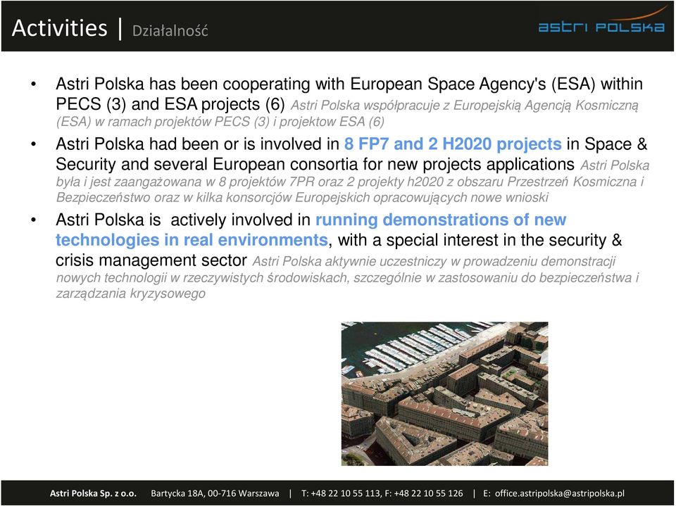 Polska była i jest zaangażowana w 8 projektów 7PR oraz 2 projekty h2020 z obszaru Przestrzeń Kosmiczna i Bezpieczeństwo oraz w kilka konsorcjów Europejskich opracowujących nowe wnioski Astri Polska