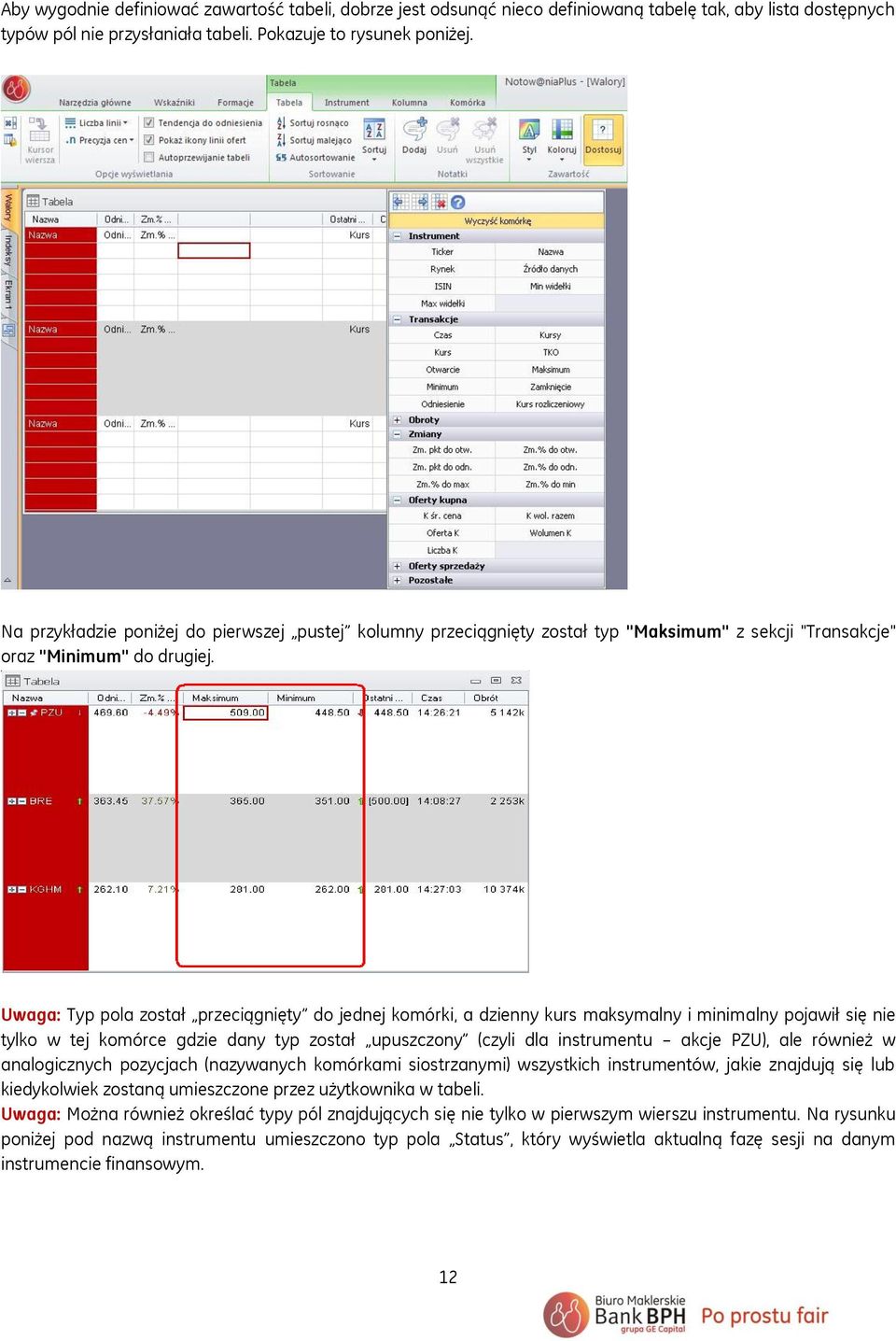 Uwaga: Typ pola został przeciągnięty do jednej komórki, a dzienny kurs maksymalny i minimalny pojawił się nie tylko w tej komórce gdzie dany typ został upuszczony (czyli dla instrumentu akcje PZU),